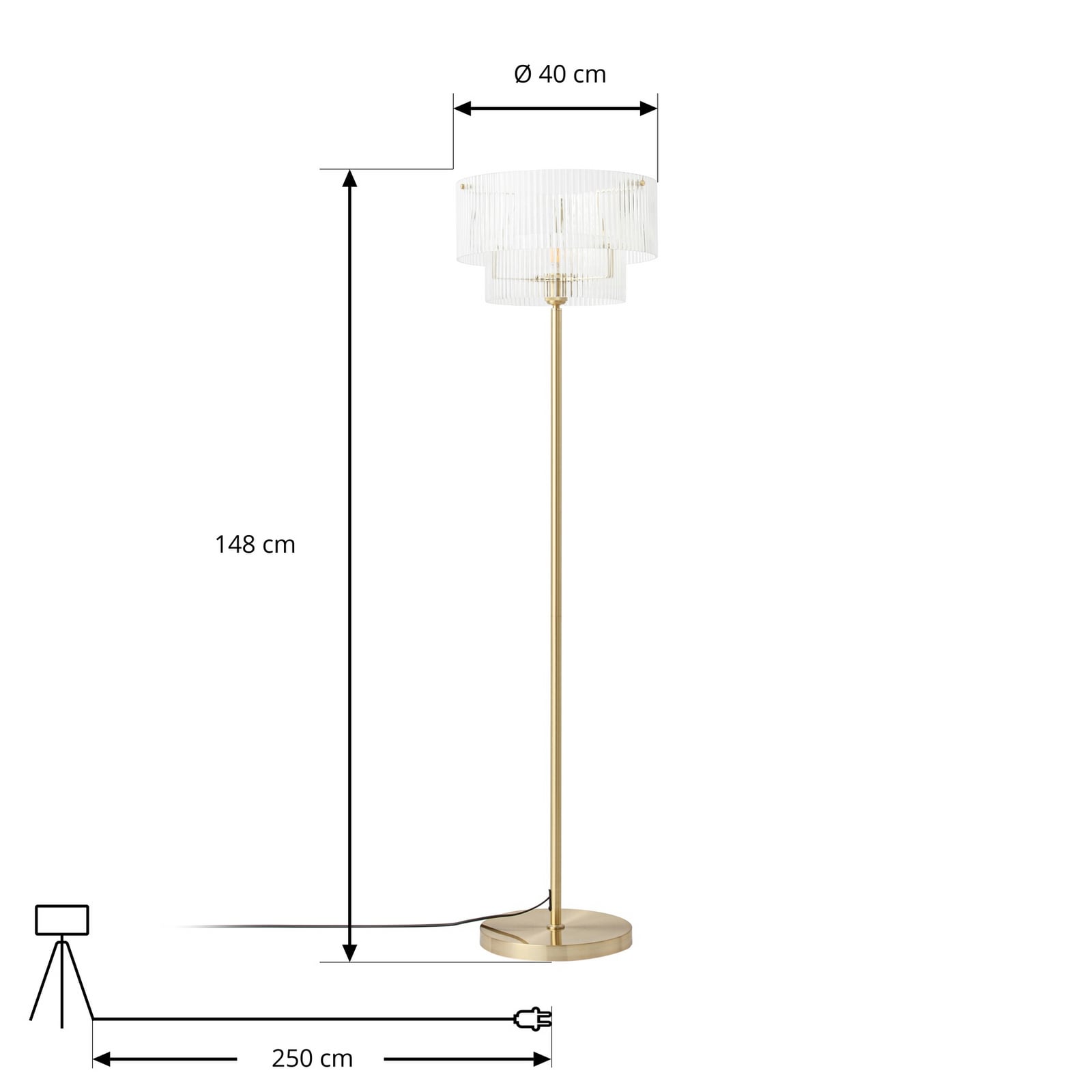 Lucande Meritt álló világítás, sárgaréz/átlátszó, magasság 160 cm, üveg