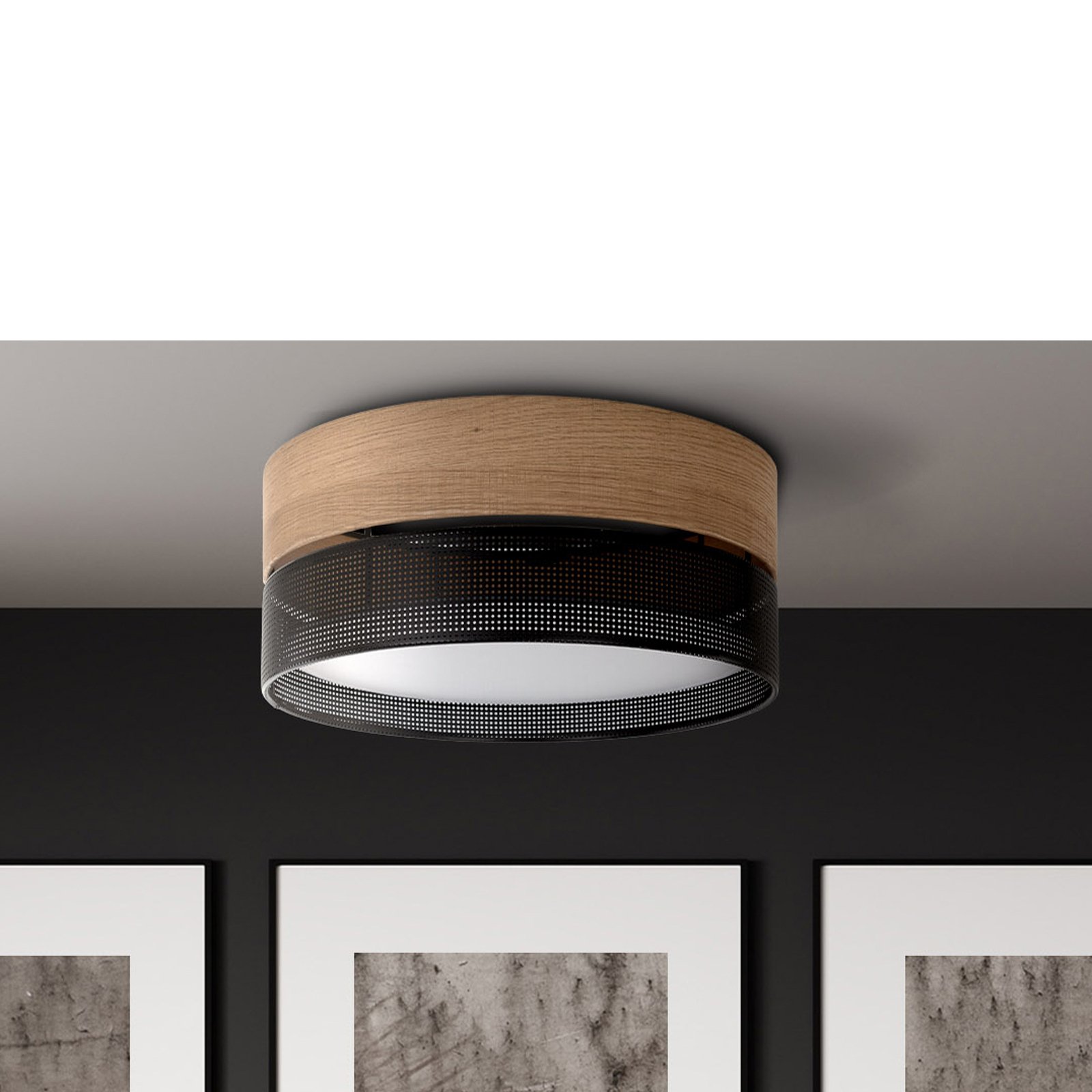 Nicol plafondlamp, zwart, houtlook, Ø 50 cm, 4 x E27