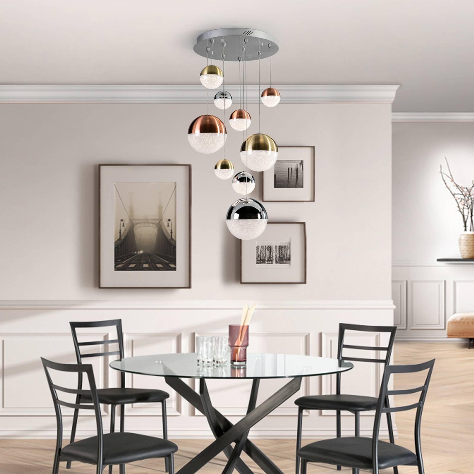 Lampa wisząca LED Sphere, 9-punktowa, ściemniana, Ø 50 cm, multicolor