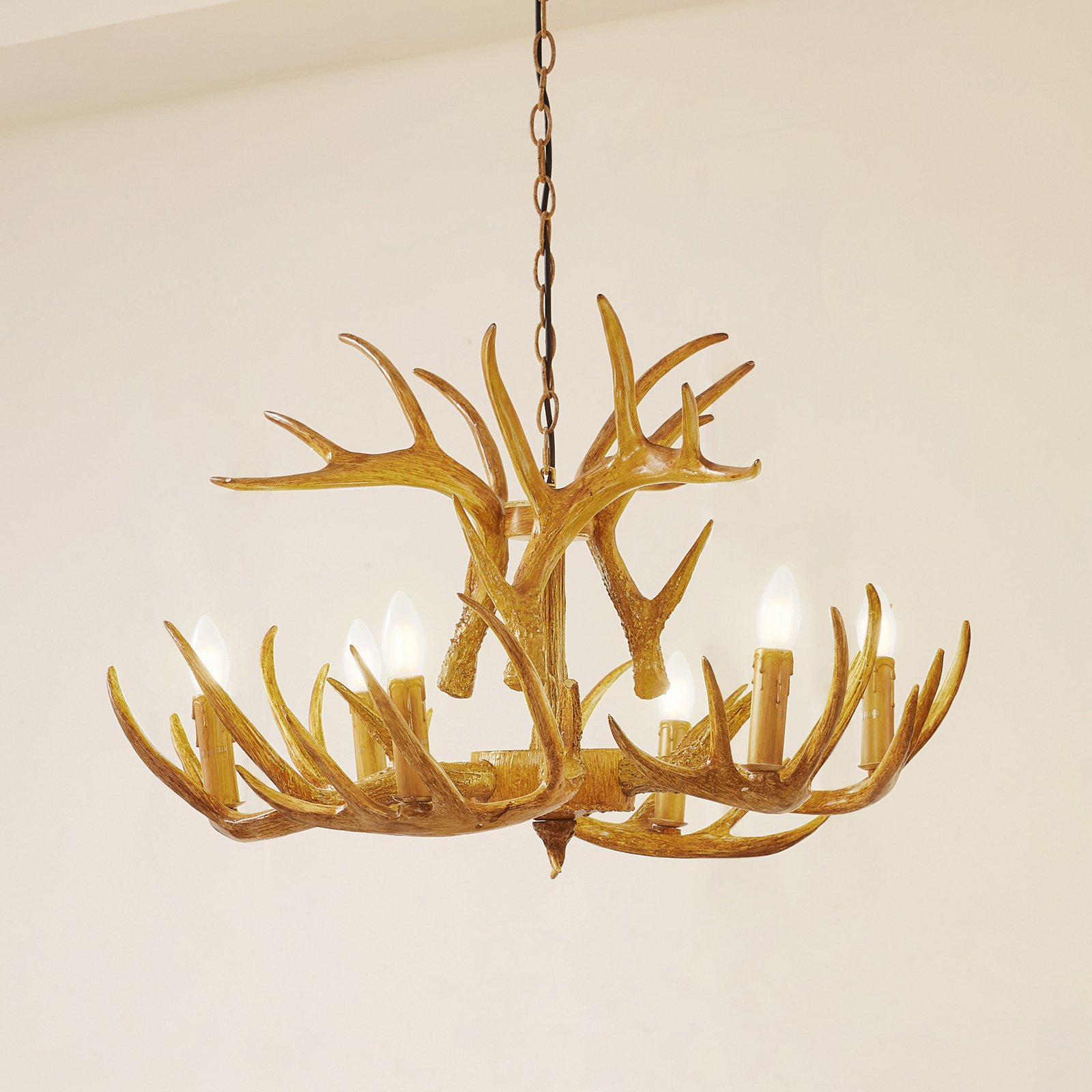 Suspension Lindby Fibi, marron, bois de cerf, à 6 lampes E14