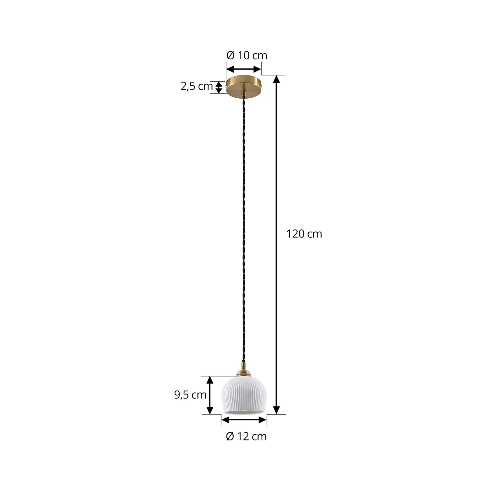 Lindby hänglampa Nolane, Ø 11 cm, keramik, vit/mässing