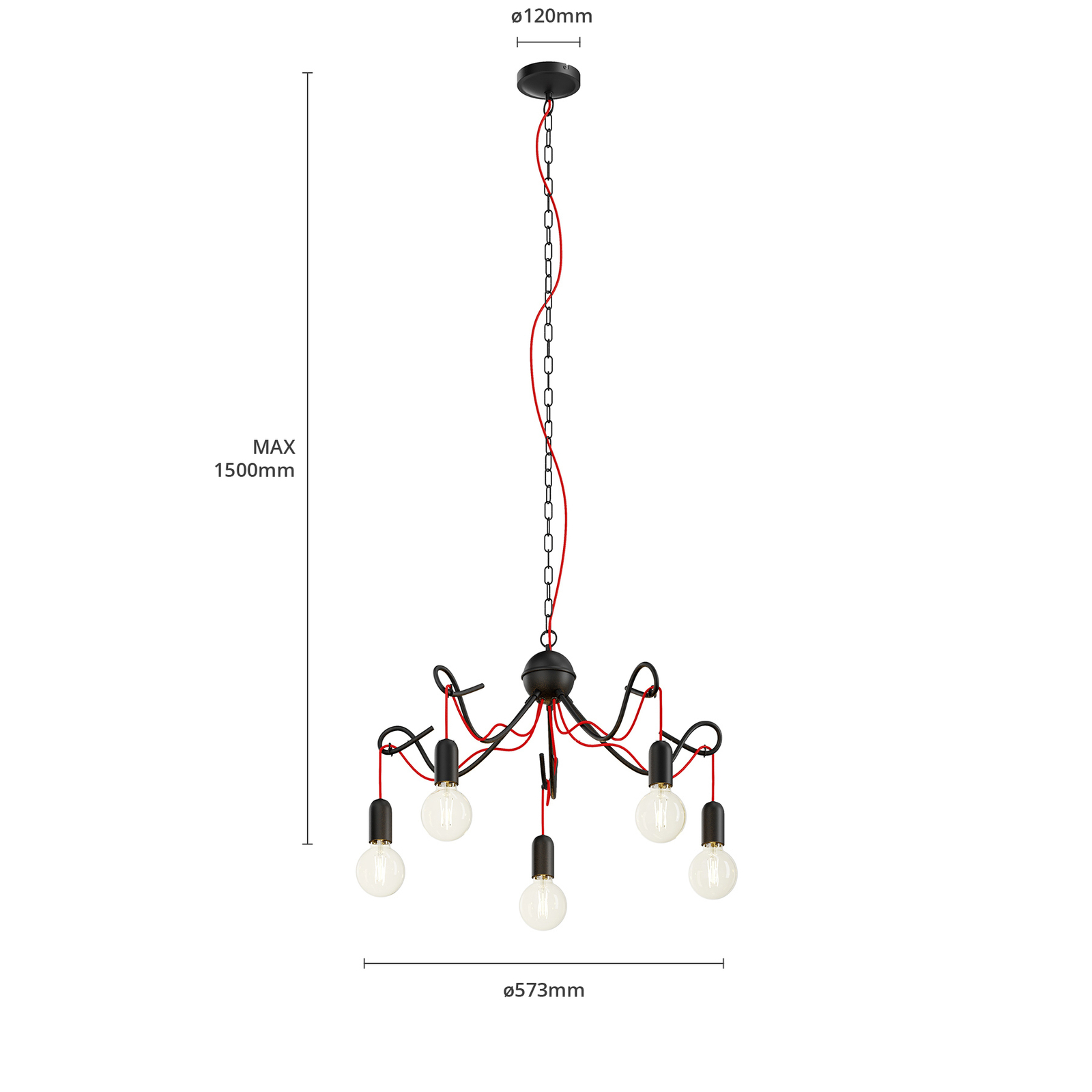 Lucande Jorna hengelampe, 5 lyskilder, rød kabel