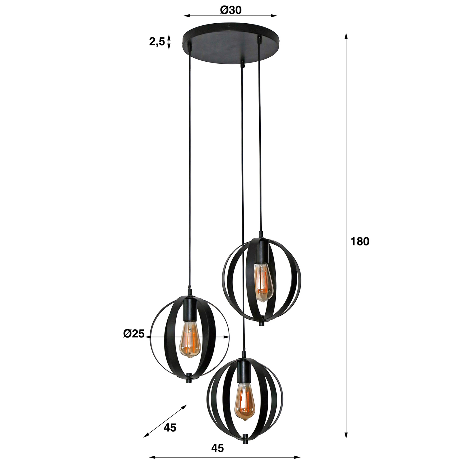 Hanglamp Delilah, 3-lamps, zwart