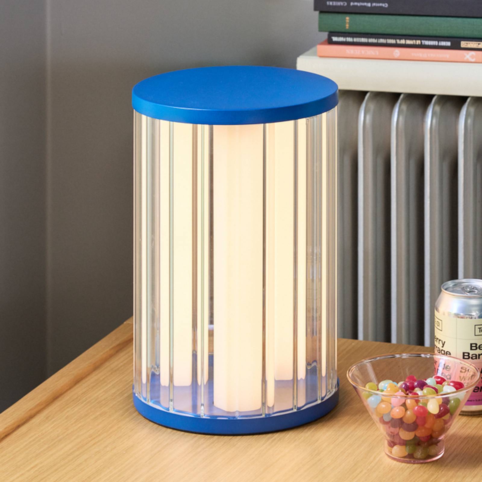 Hübsch Lampe à poser LED Aru, bleu/transparent, hauteur 30 cm, verre/fer