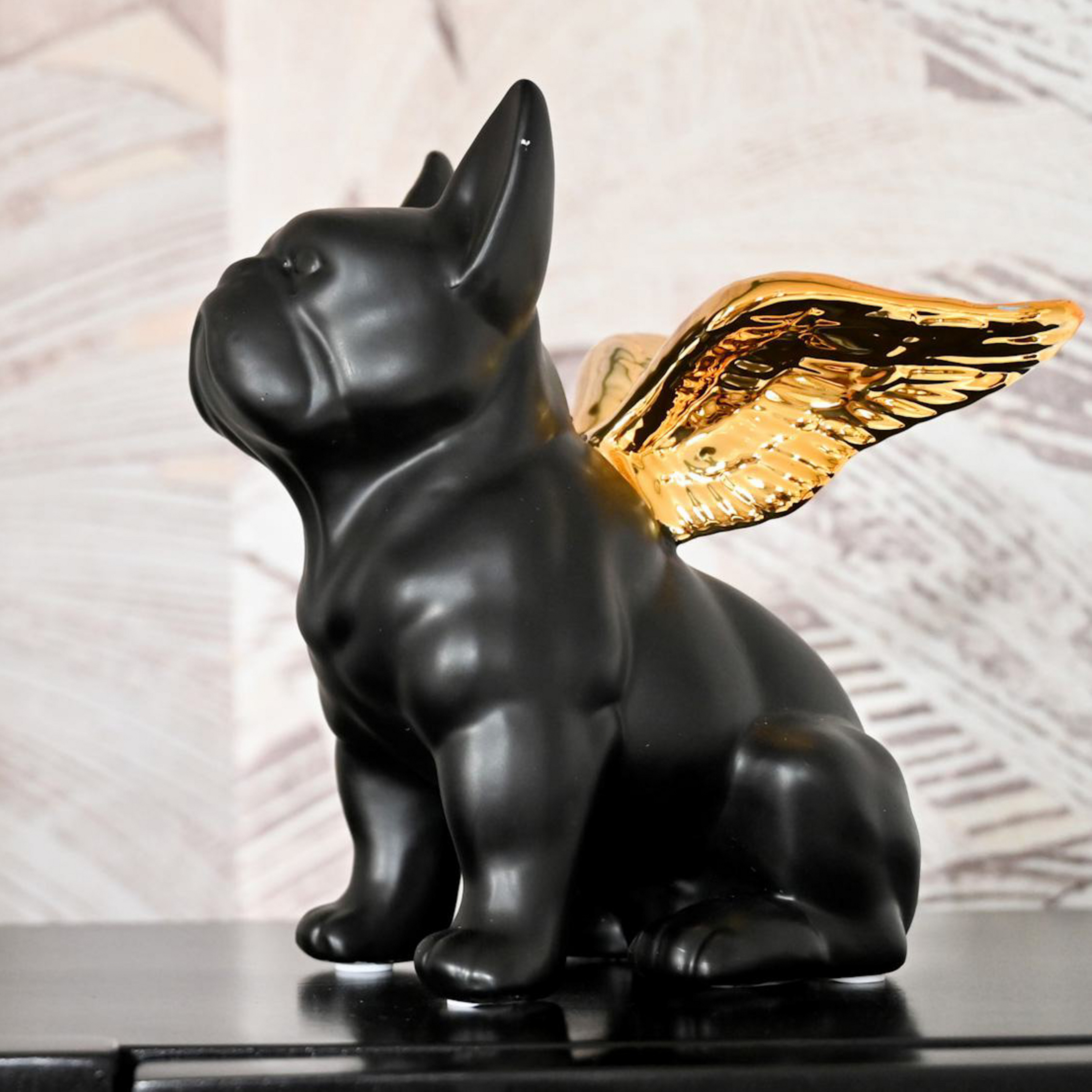 KARE Figurine décorative Sitting Angel Dog, noir/or, faïence
