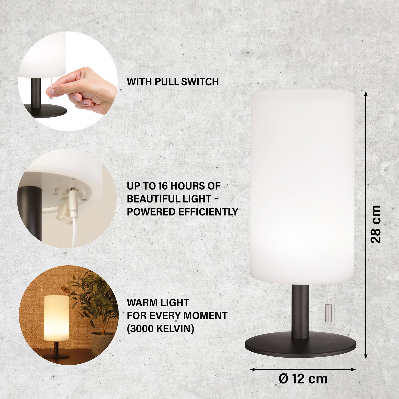 Lampe à poser LED rechargeable Larino, hauteur 28 cm Lampe à poser LED rechargeable Larino, hauteur 28 cm