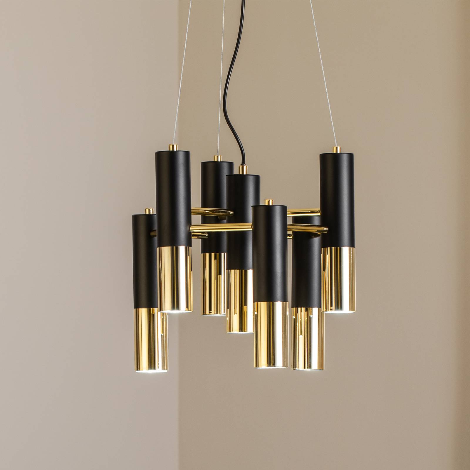 Pendelleuchte Orino, schwarz/gold, Metall, 7-flg., GU10 günstig online kaufen