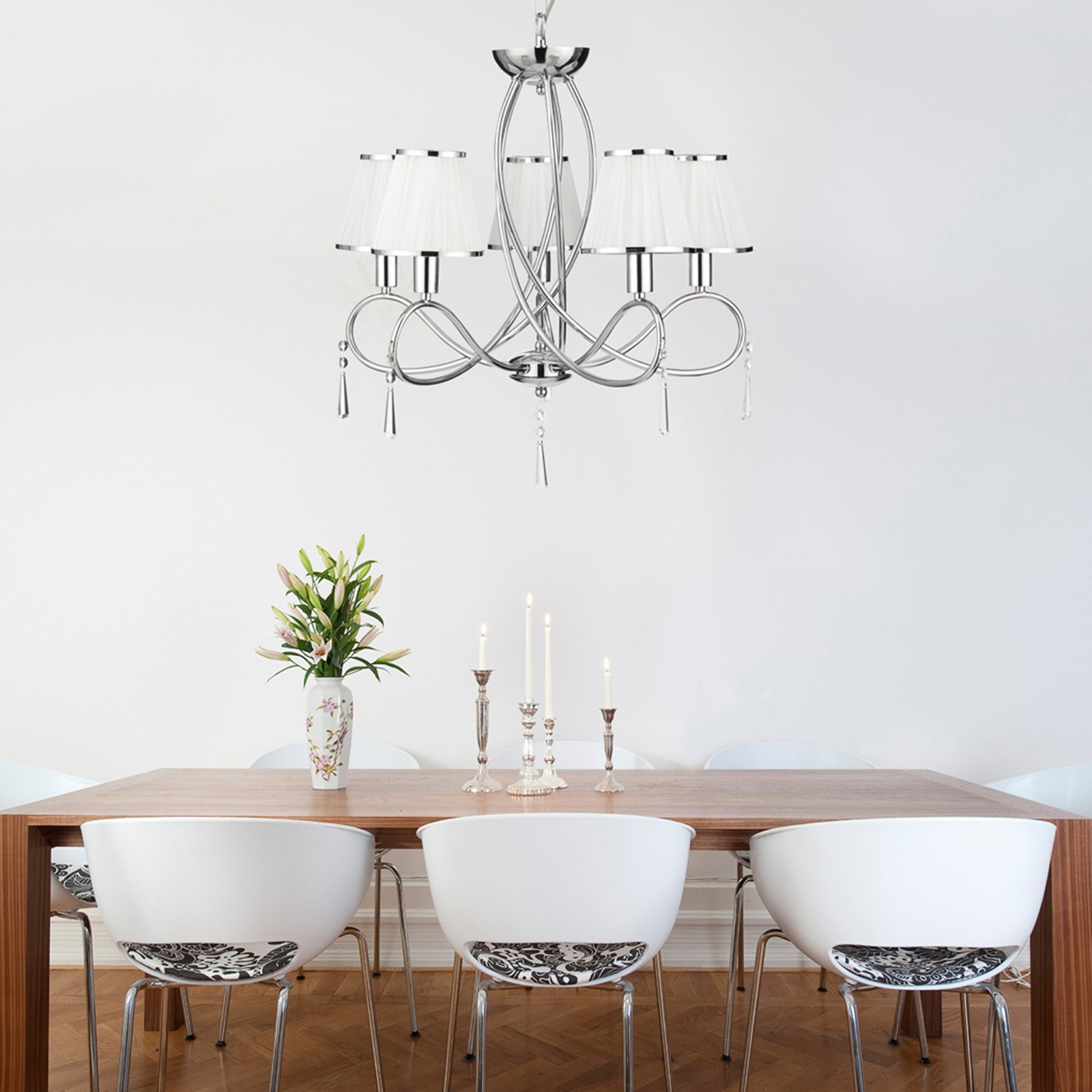 Lustre Simplicity, 5 lampes, tissu, chrome/blanc, E14