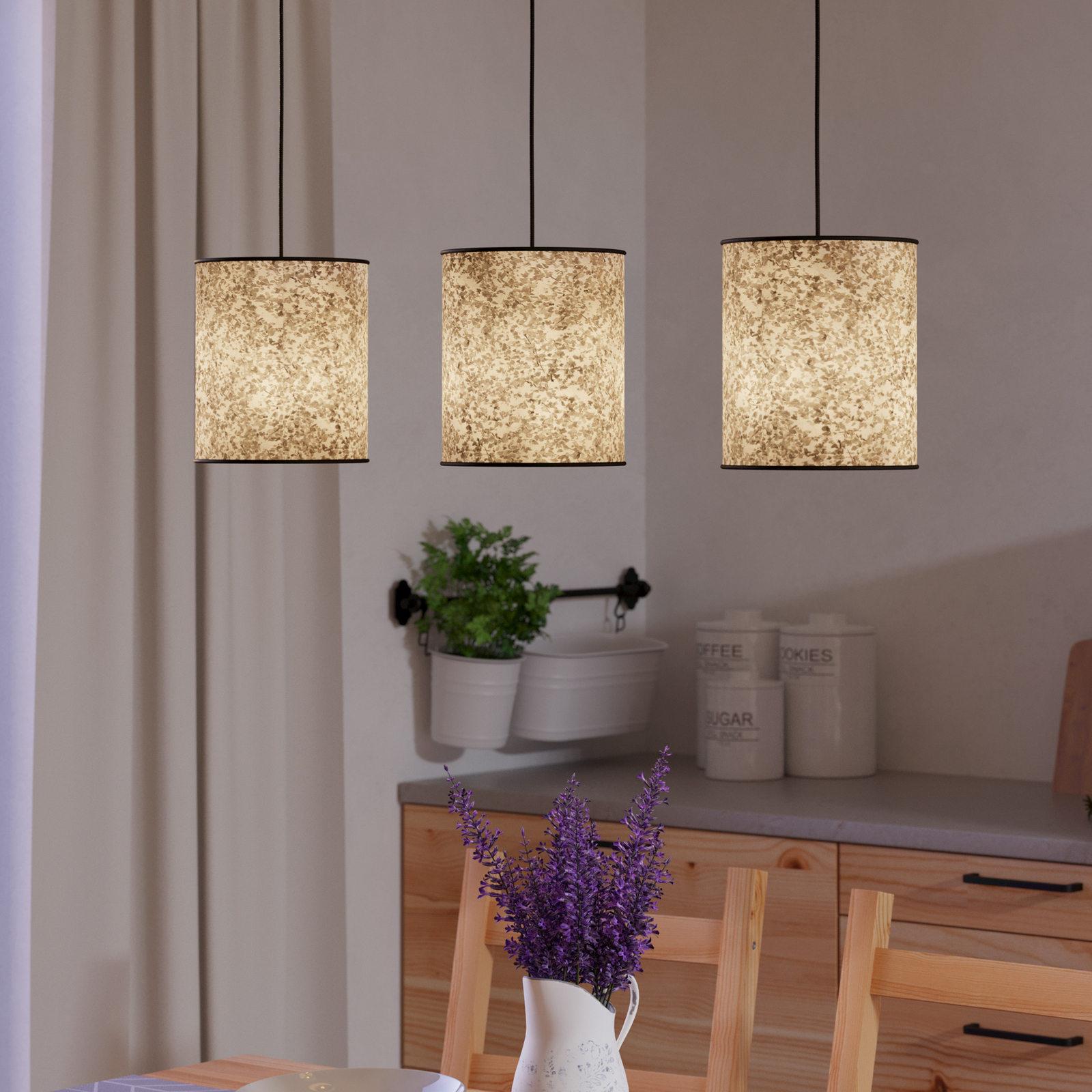 Butterburn hanging light, length 86 cm, beige/green, 3-bulb,