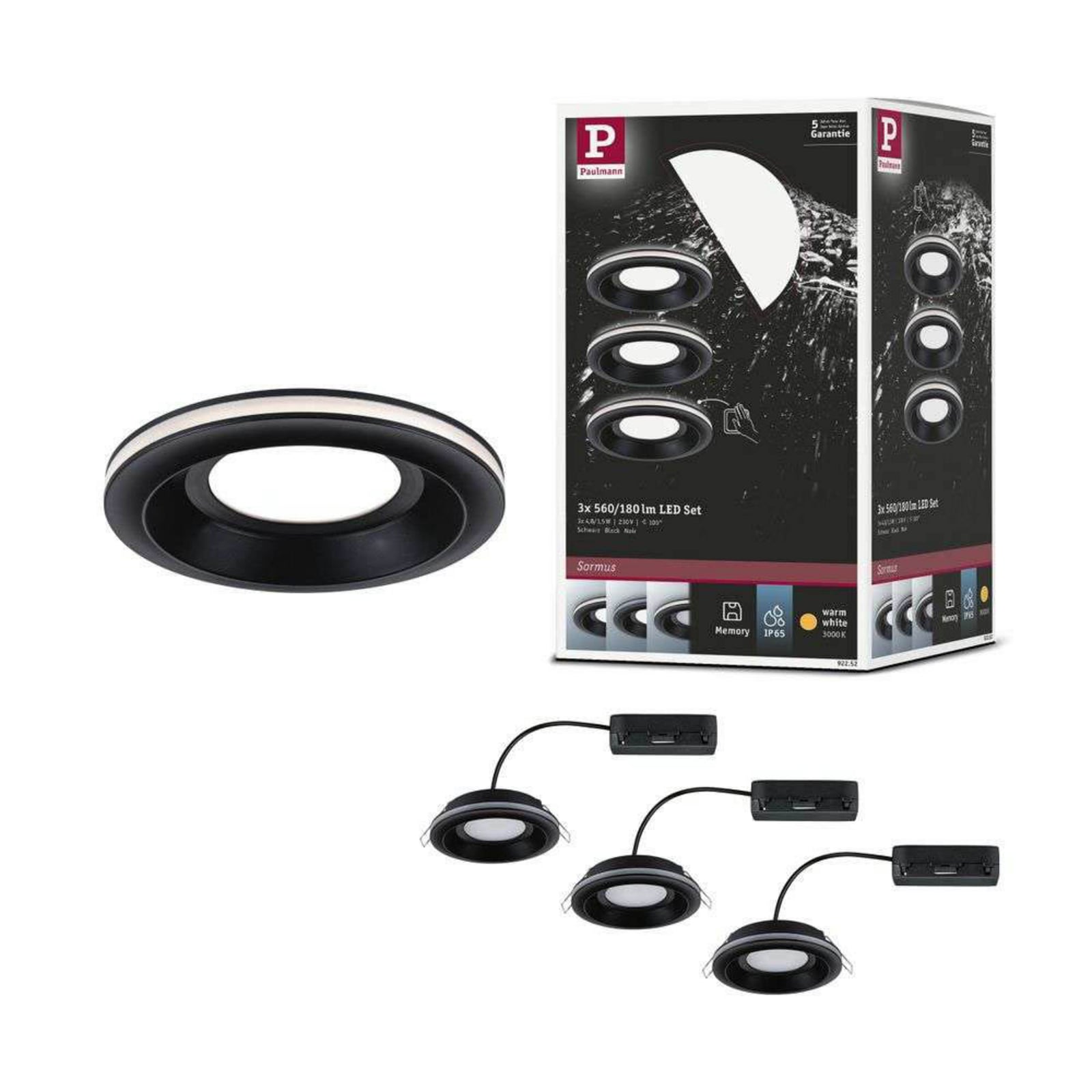 Paulmann LED inbouwlamp Sormus zwart, Ø 10 cm, IP65, set van 3