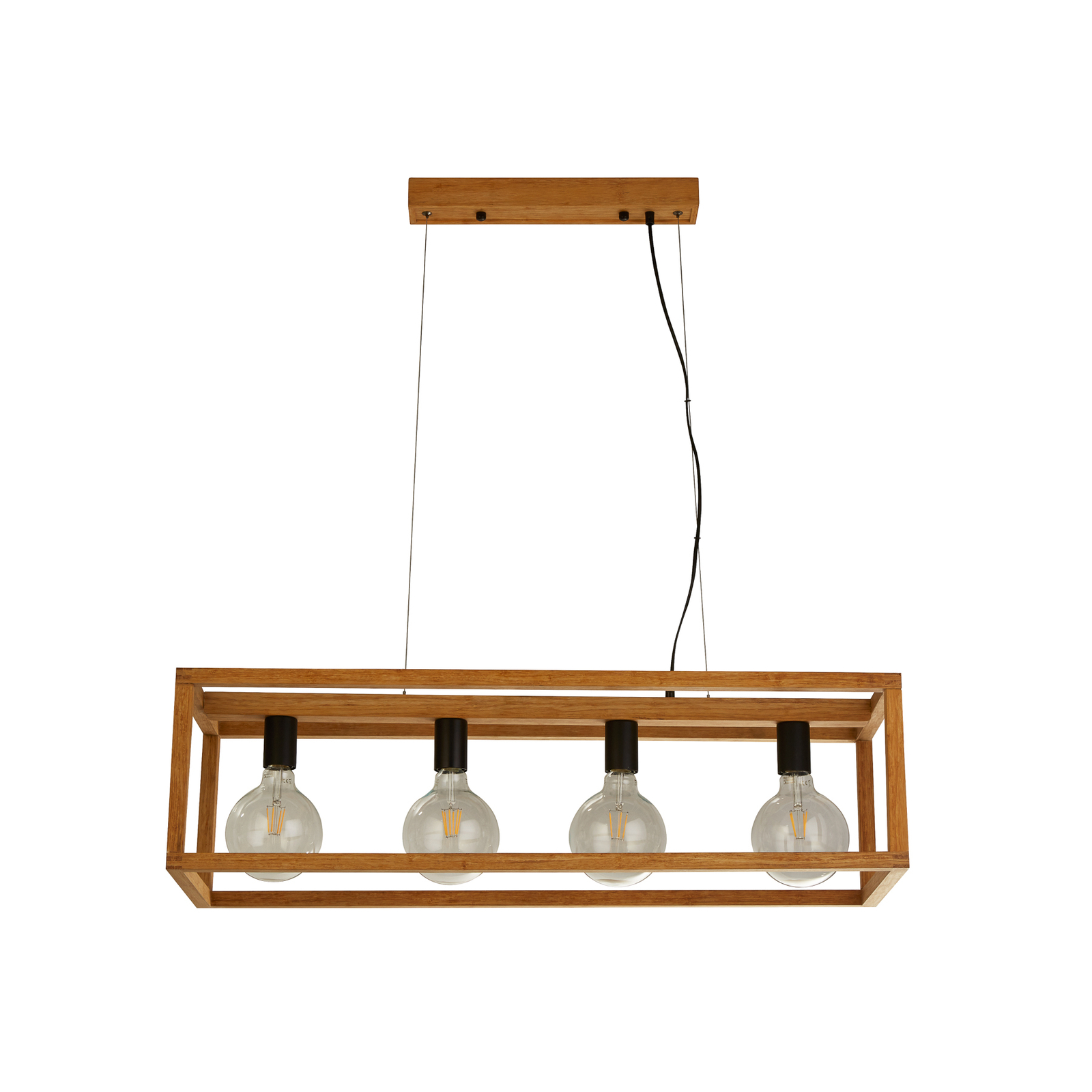 Candeeiro suspenso quadrado, 4 lâmpadas, 90 cm de comprimento, bambu, E27