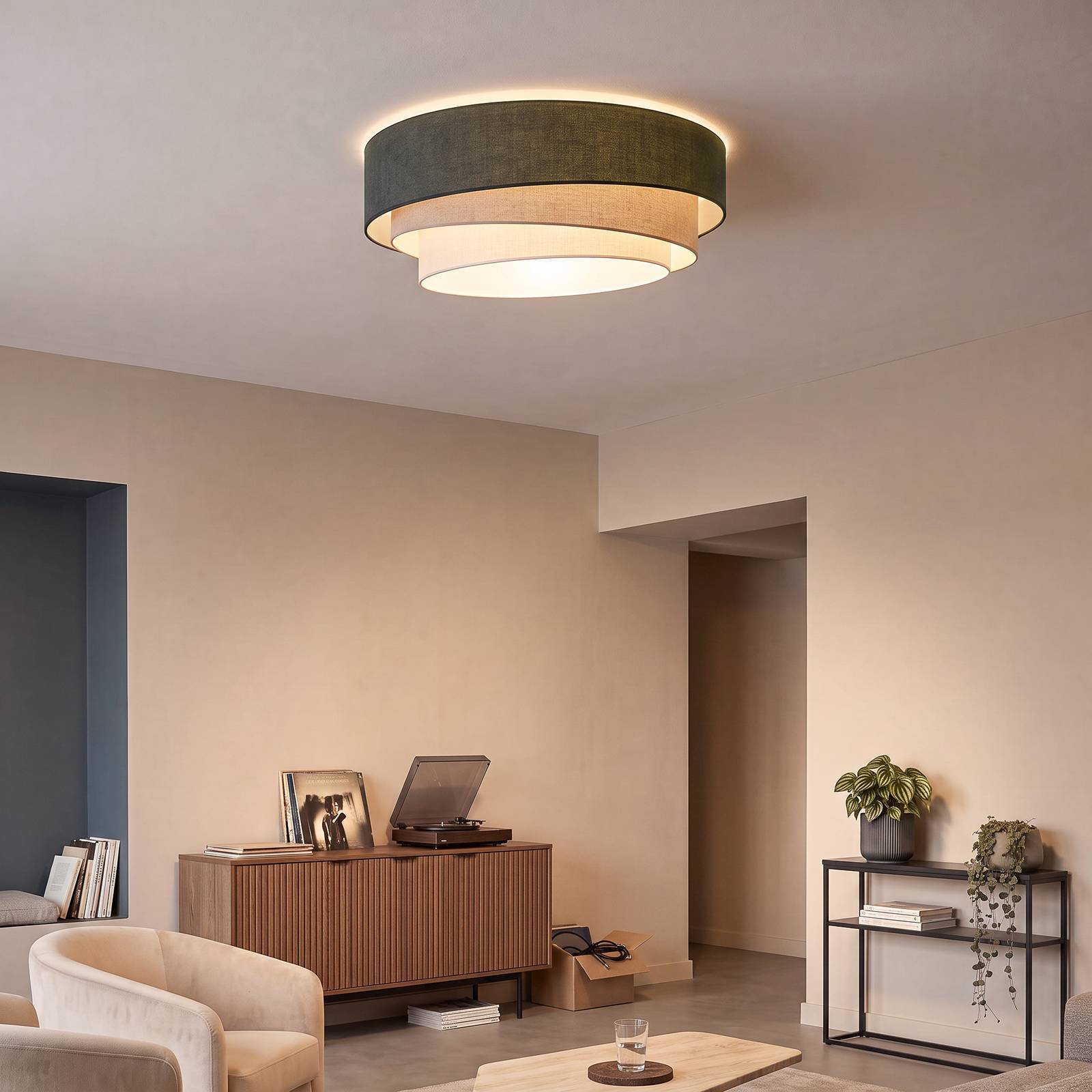 Duolla Plafondlamp Trio, groen/beige, Ø 60 cm, textiel, E27