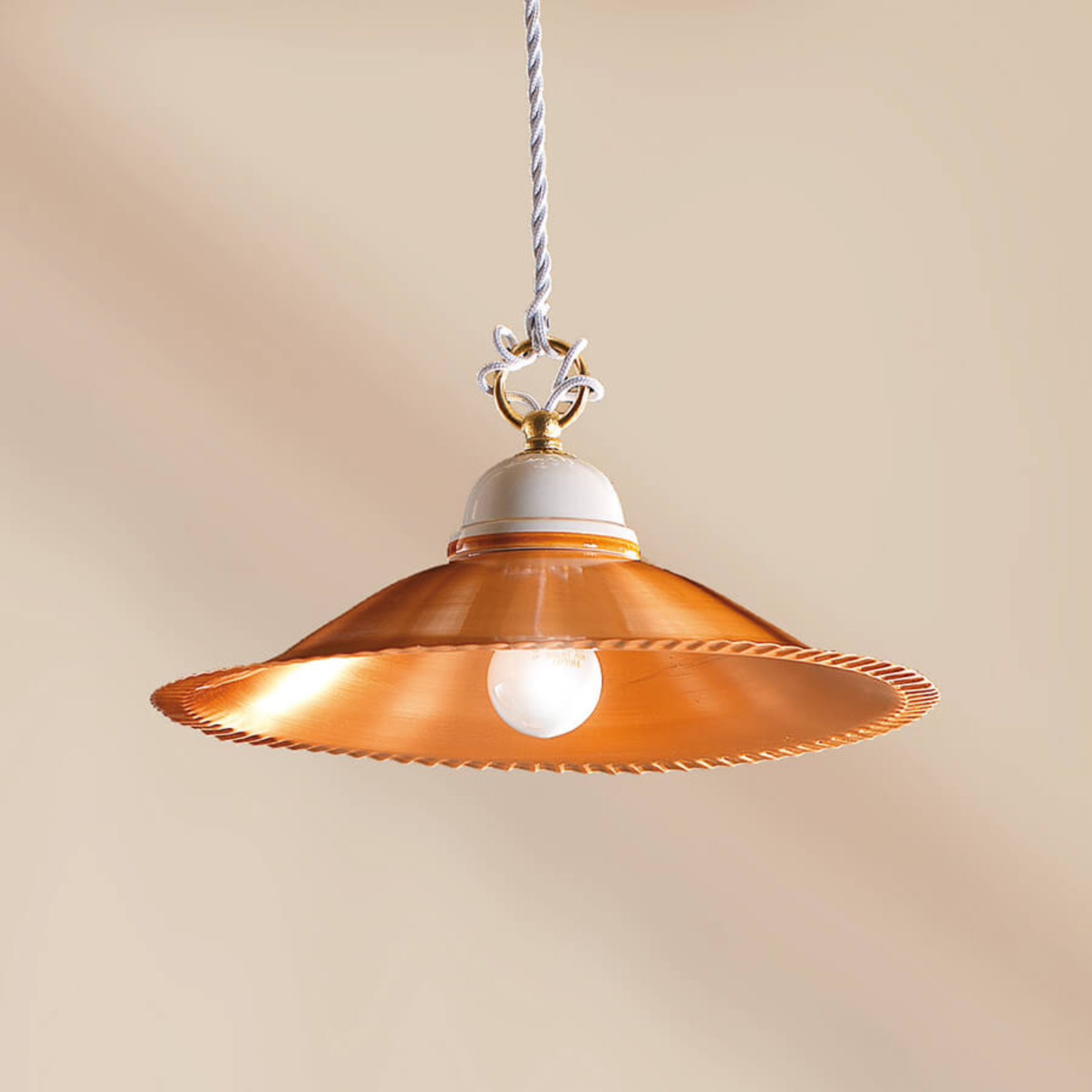 Ceramiche Luisa classic hanging light with copper lampshade, for Living / Dining Room, ceramic, copper, E27, 100 W, energy efficiency: A++