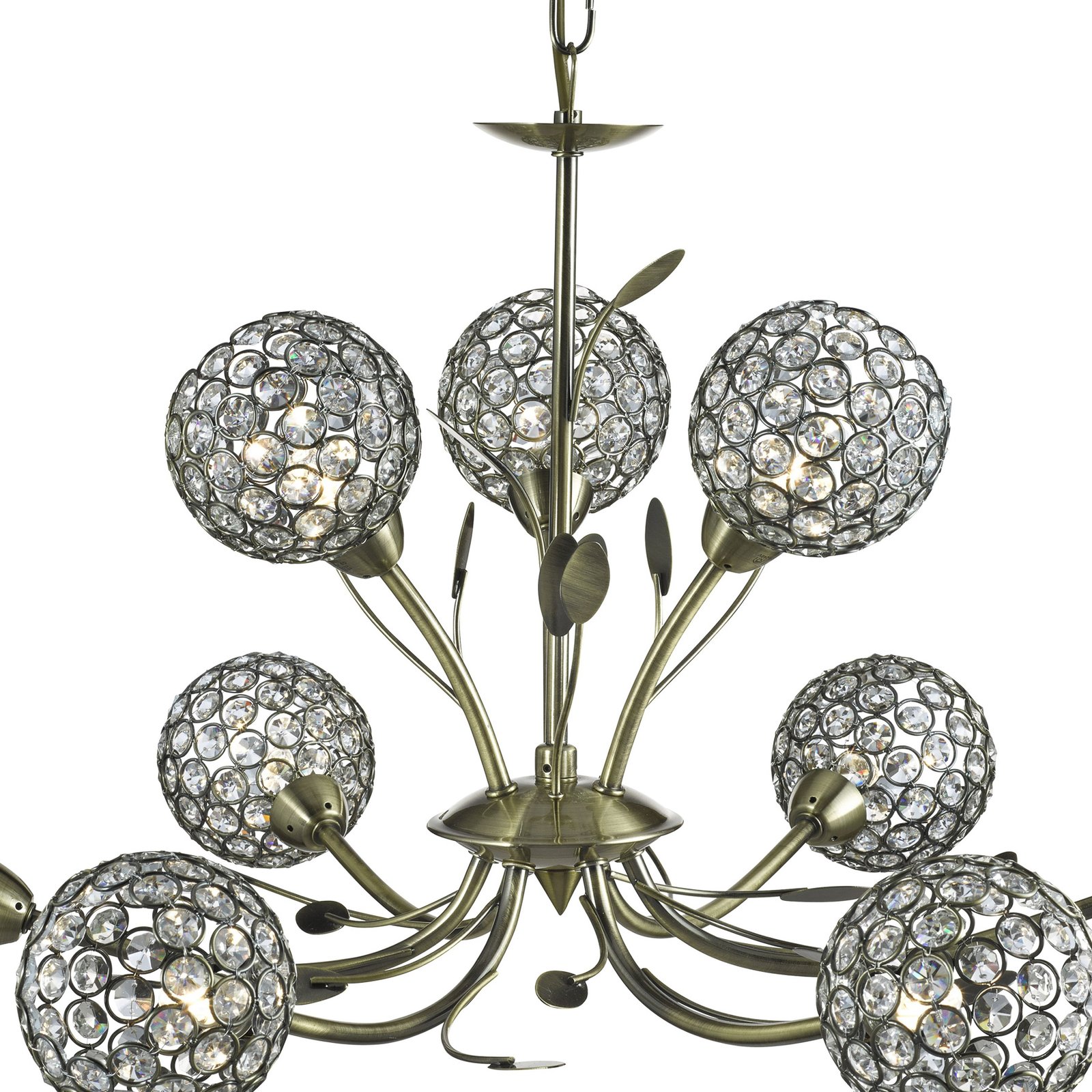 Bellis II chandelier, antique brass-coloured, glass, 9-bulb, G9