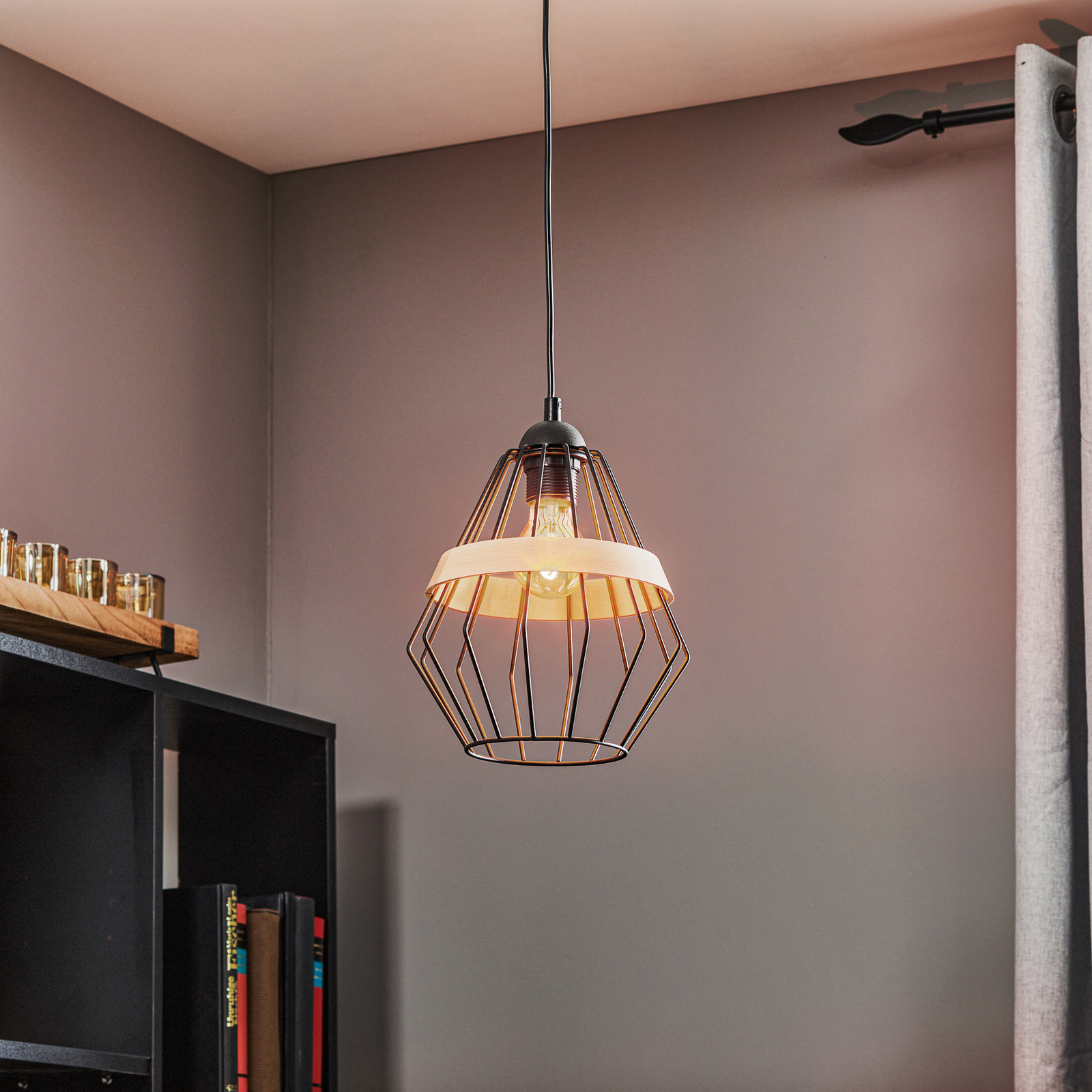 Cliff hanging light, 1 cage lampshade wooden band Lights.co.uk