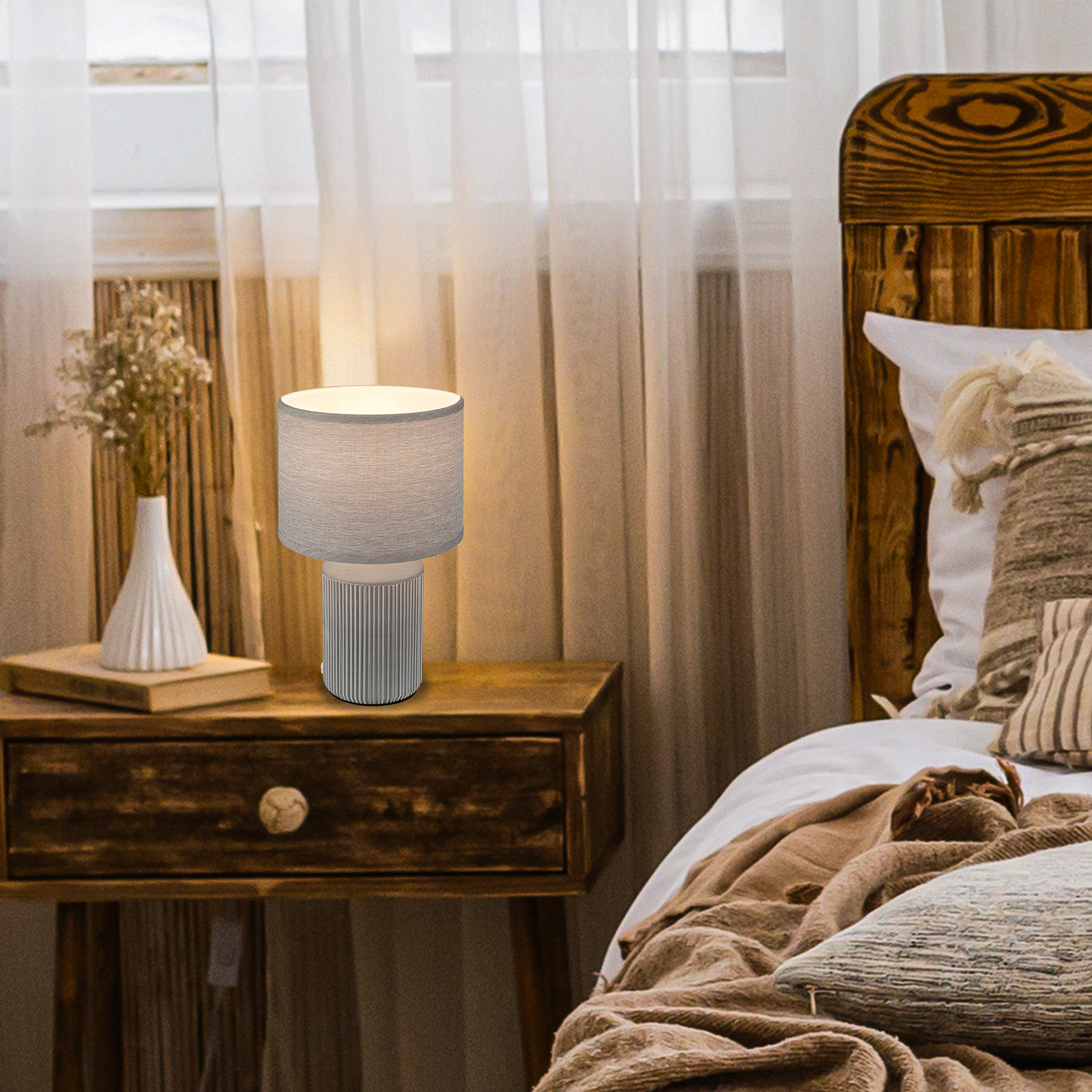 Tischleuchte Ino, grau, Keramik, Textil, E27