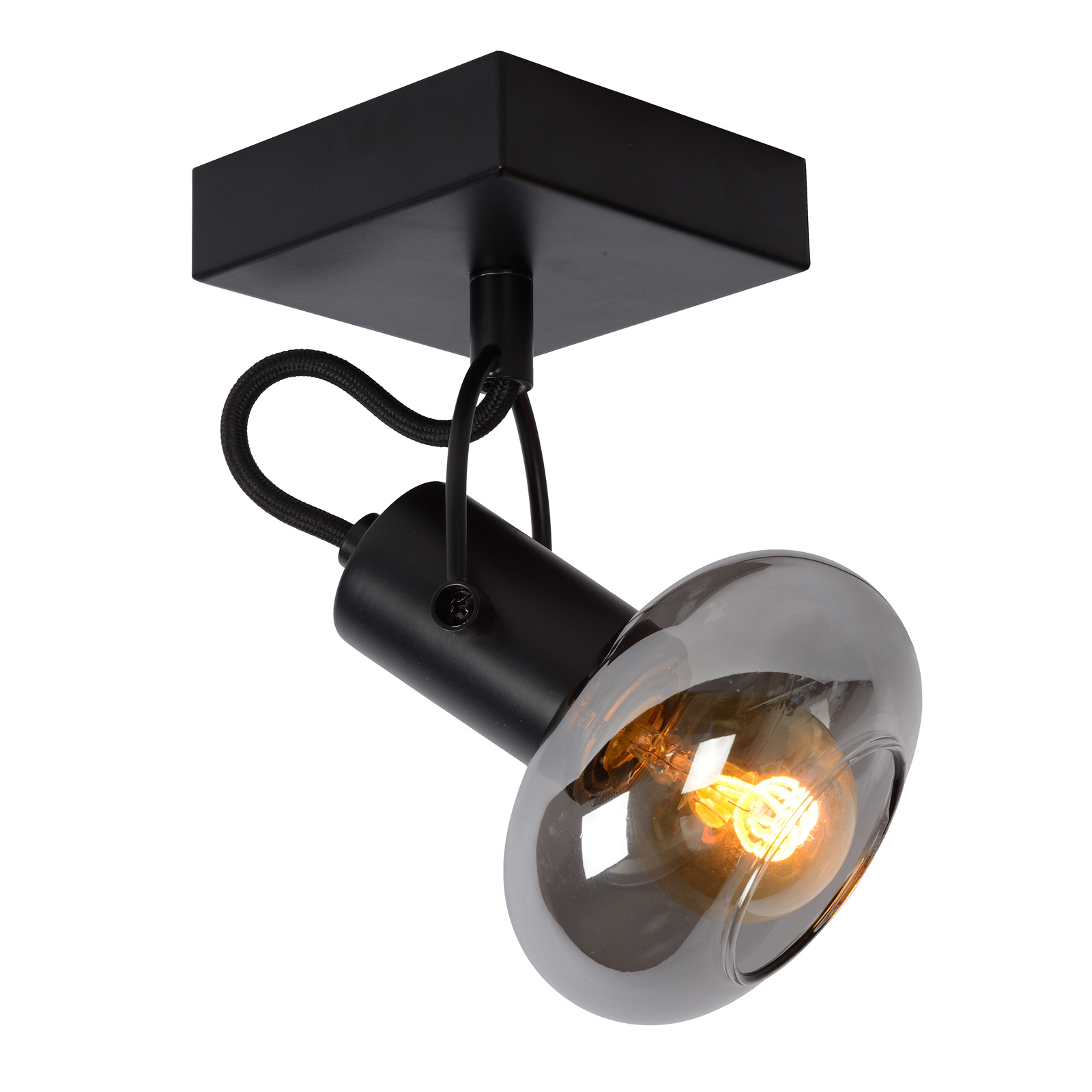 Lucide Madee ceiling spotlight, black/smoke, one-bulb, for Living / Dining Room, metal, glass, E14, 25 W, energy efficiency: A++, L: 9 cm, W: 9 cm, H: 18 cm