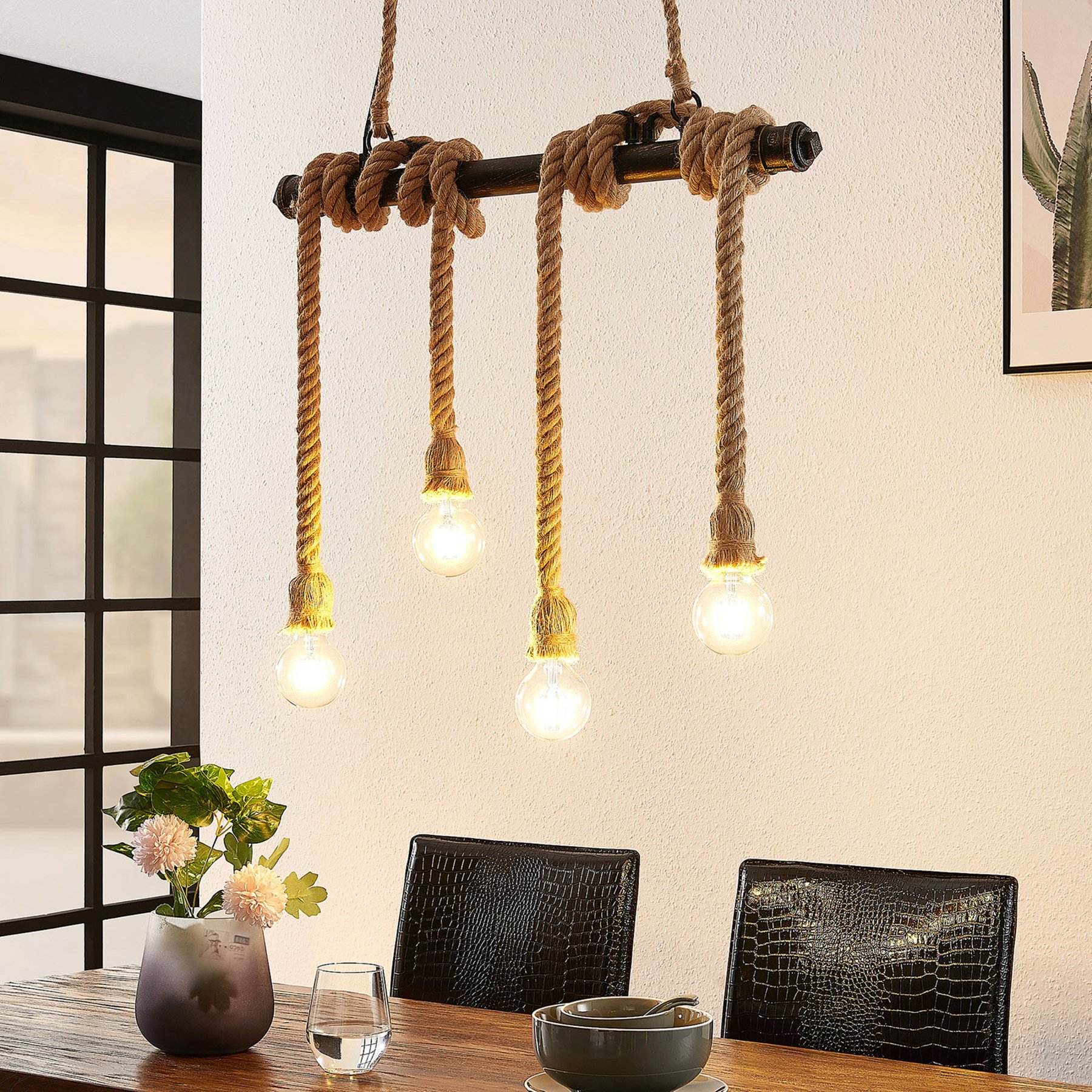 Lindby Hajo hanglamp, 4-lamps, touw
