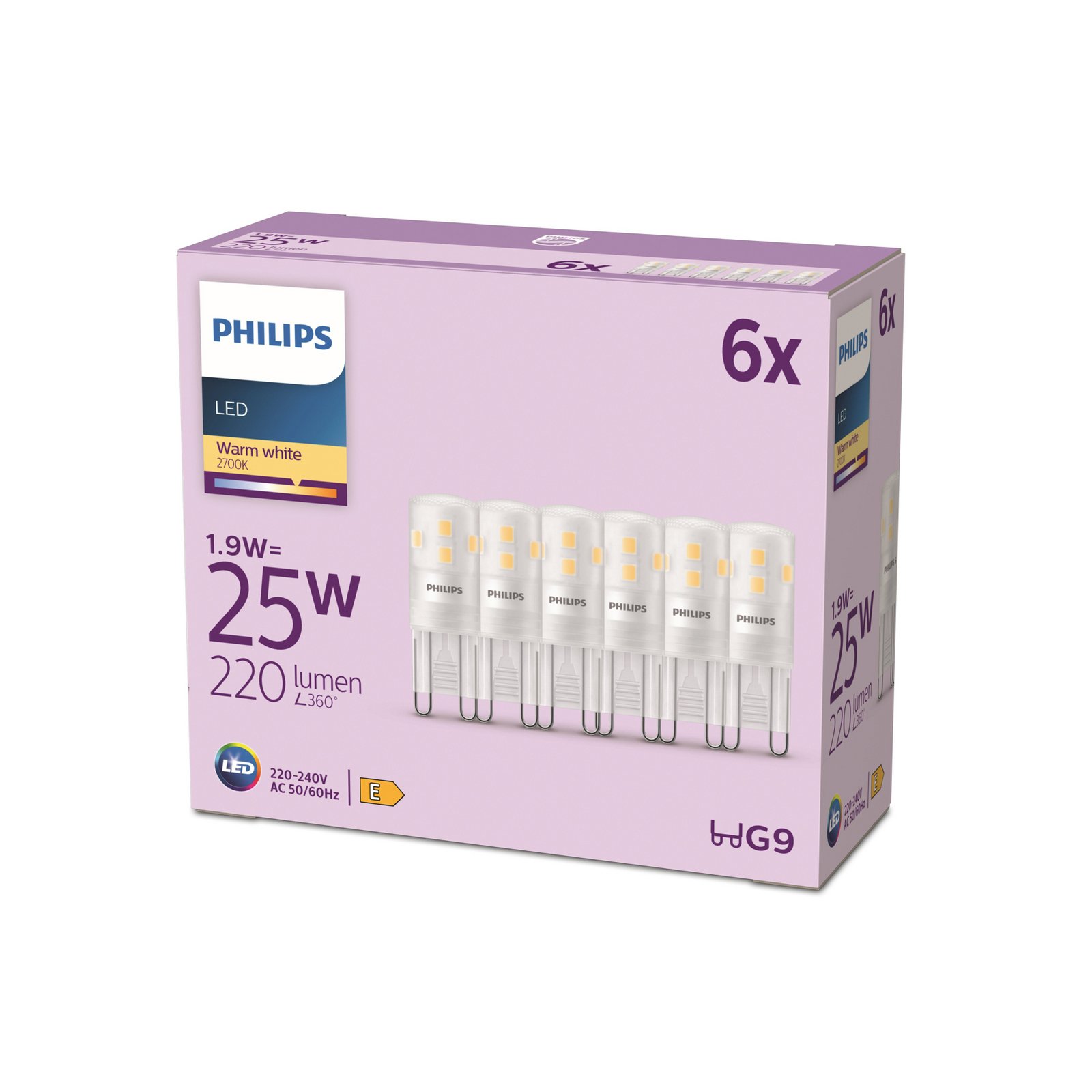 Philips LED-stiftpære G9 1,9W 220lm 2700K matt 6-pak