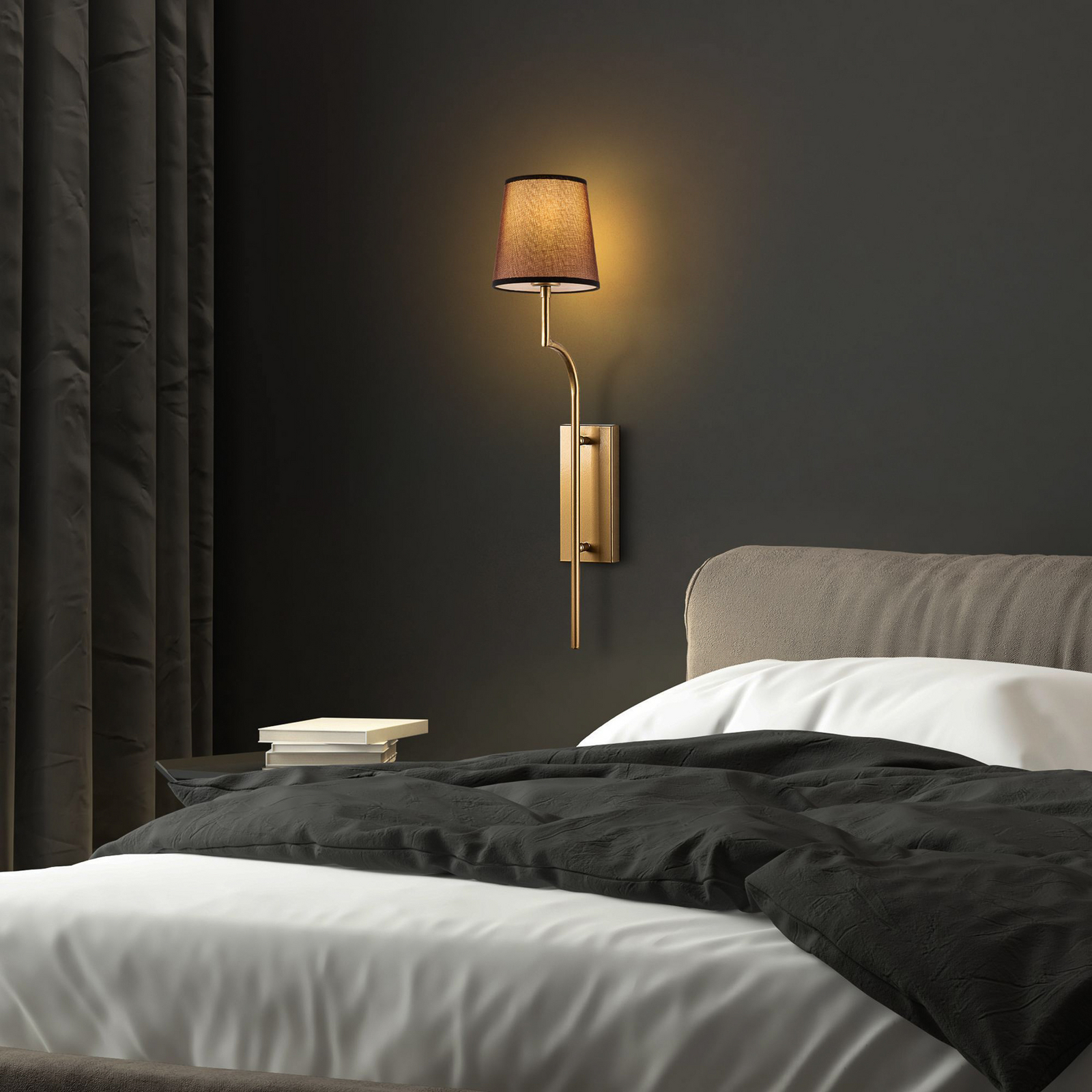 Aplique de pared Lumora, marrón/dorado, altura 72 cm, tejido/metal, E27