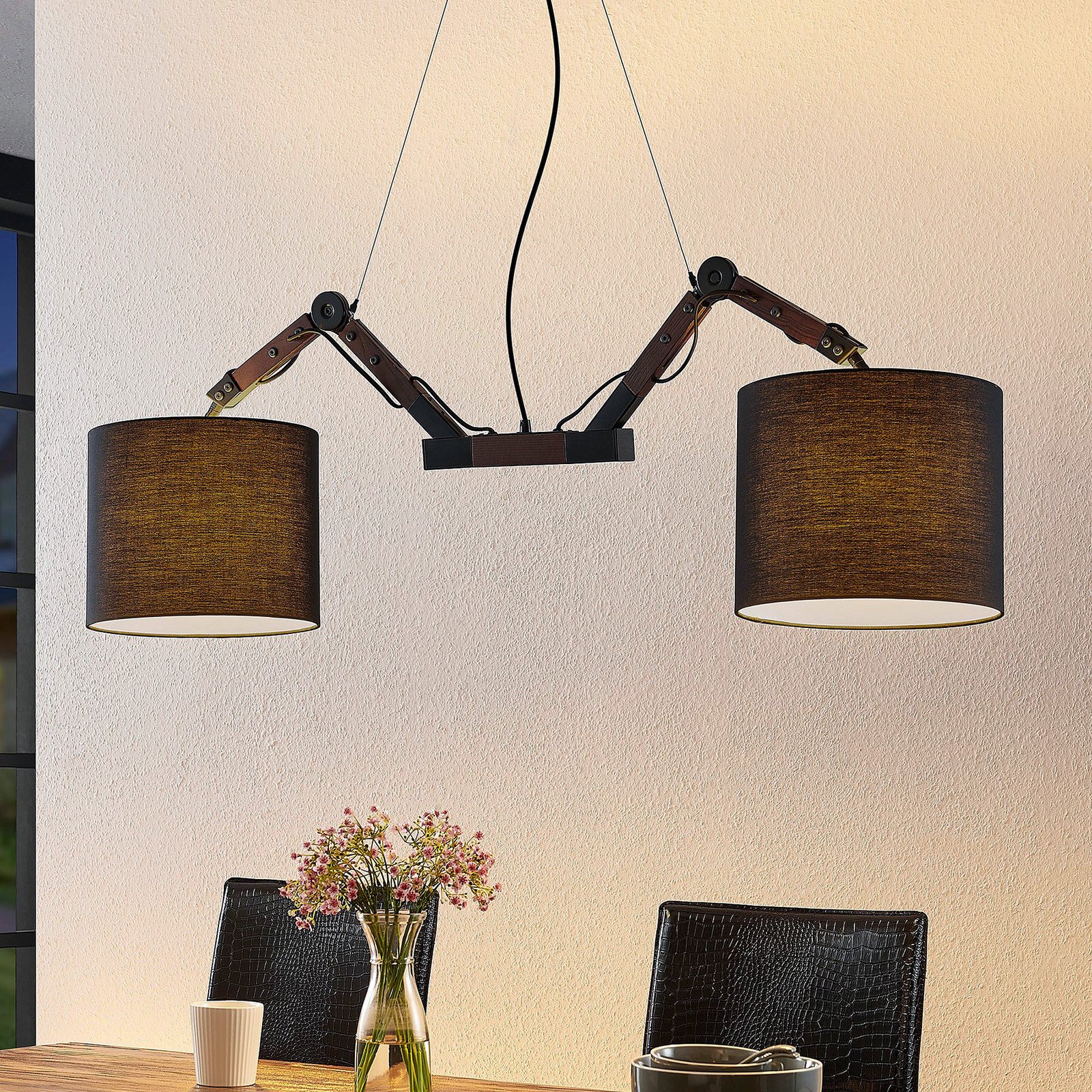 Lindby Alsabet lampă 2 abajururi de textil - Camera de zi / sufragerie - Modern - negru lemn - Țesătură / Textil