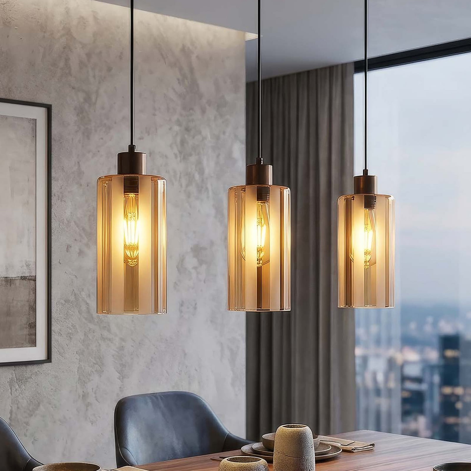 Hängeleuchte Kent, dreiflammig lang, bronze, Glas, E27
