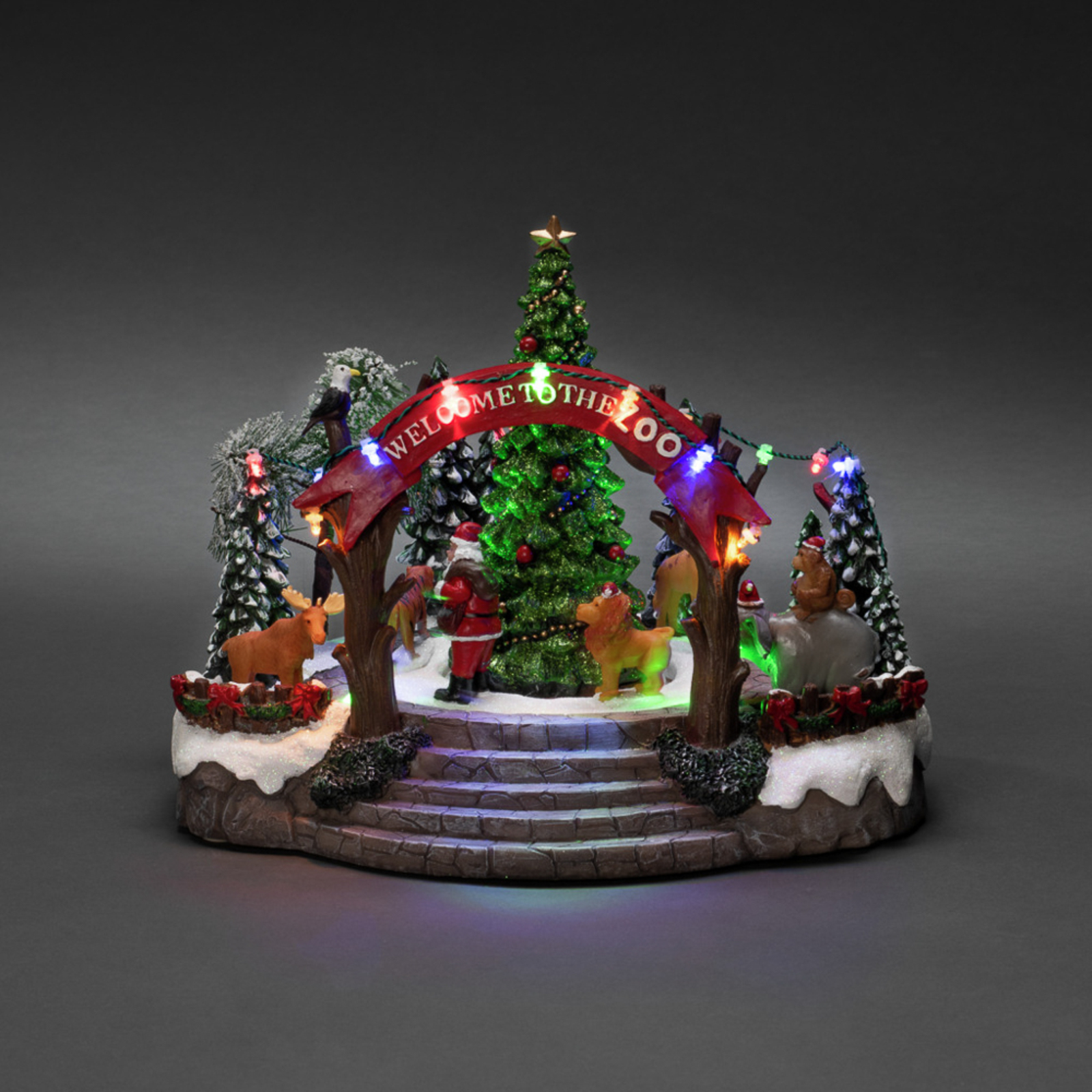 Decorações de Natal para mesas de jardim zoológico, LEDs coloridos e música