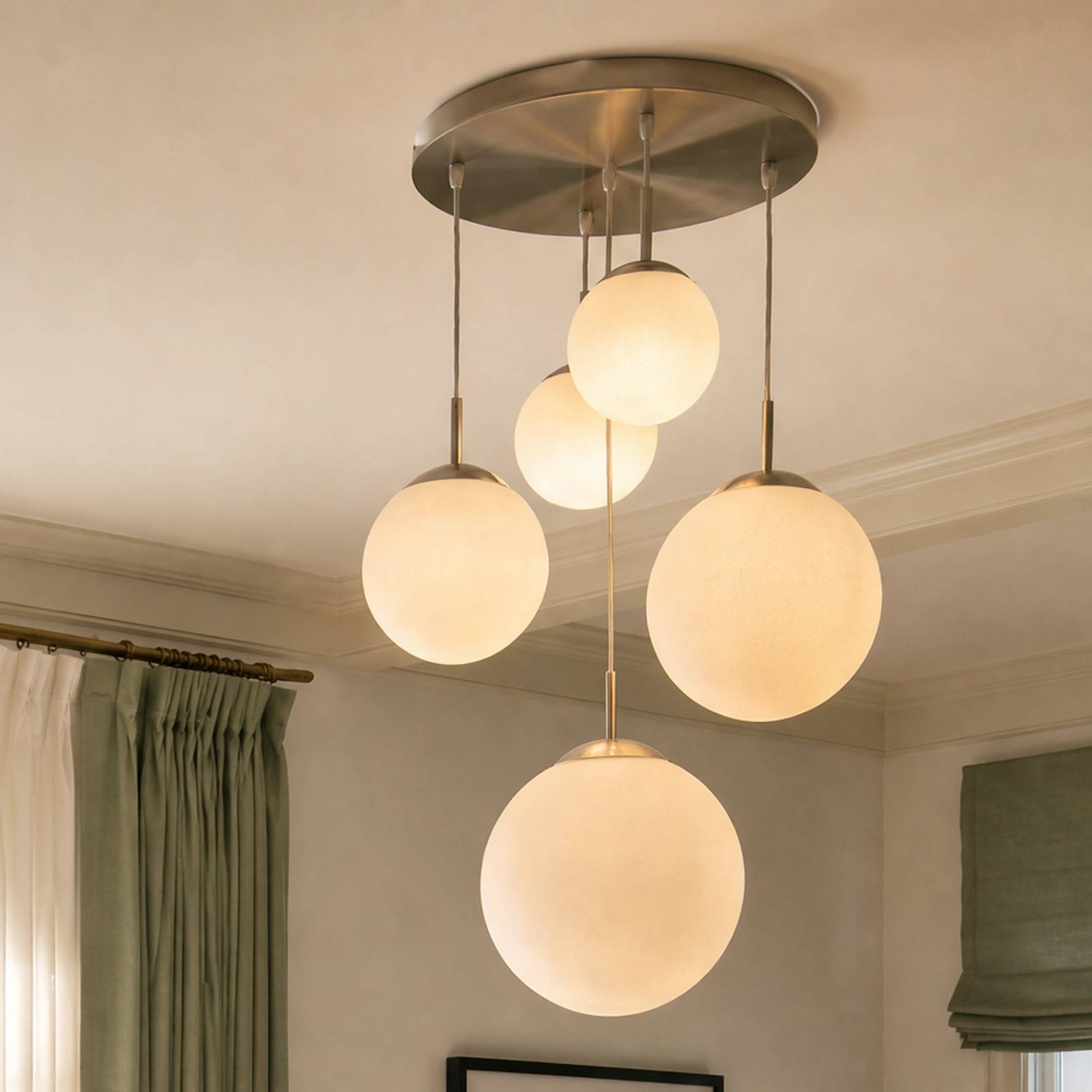 Suspension Lindby Heleska, blanche, verre, à 5 lampes, Ø 50 cm