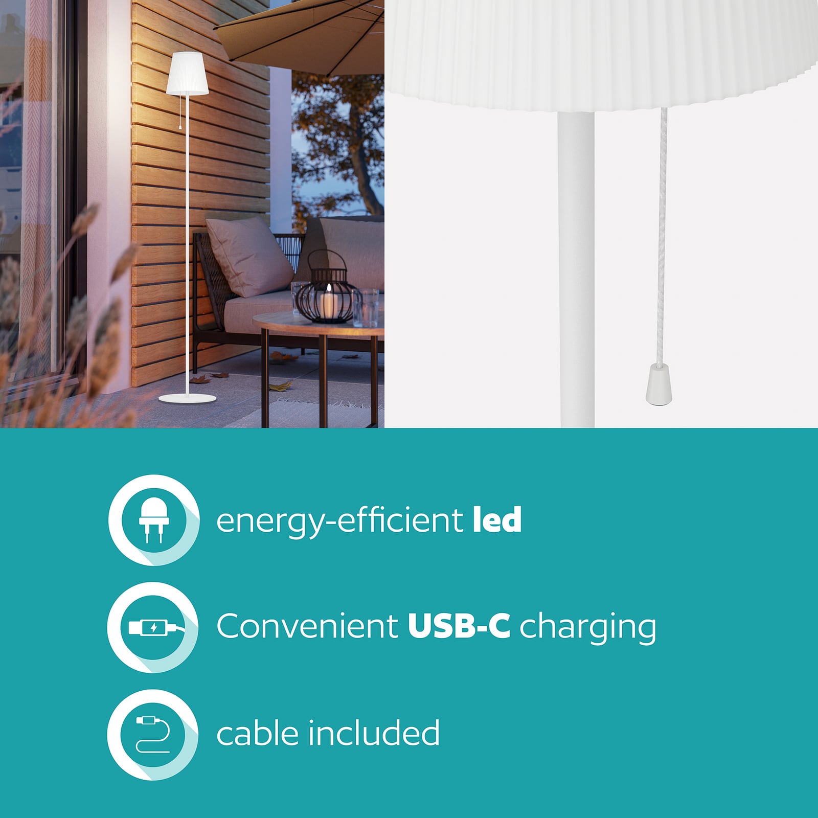 Päikesepaneeliga LED-terrassilamp Scordiano-L, valge, kõrgus 120 cm