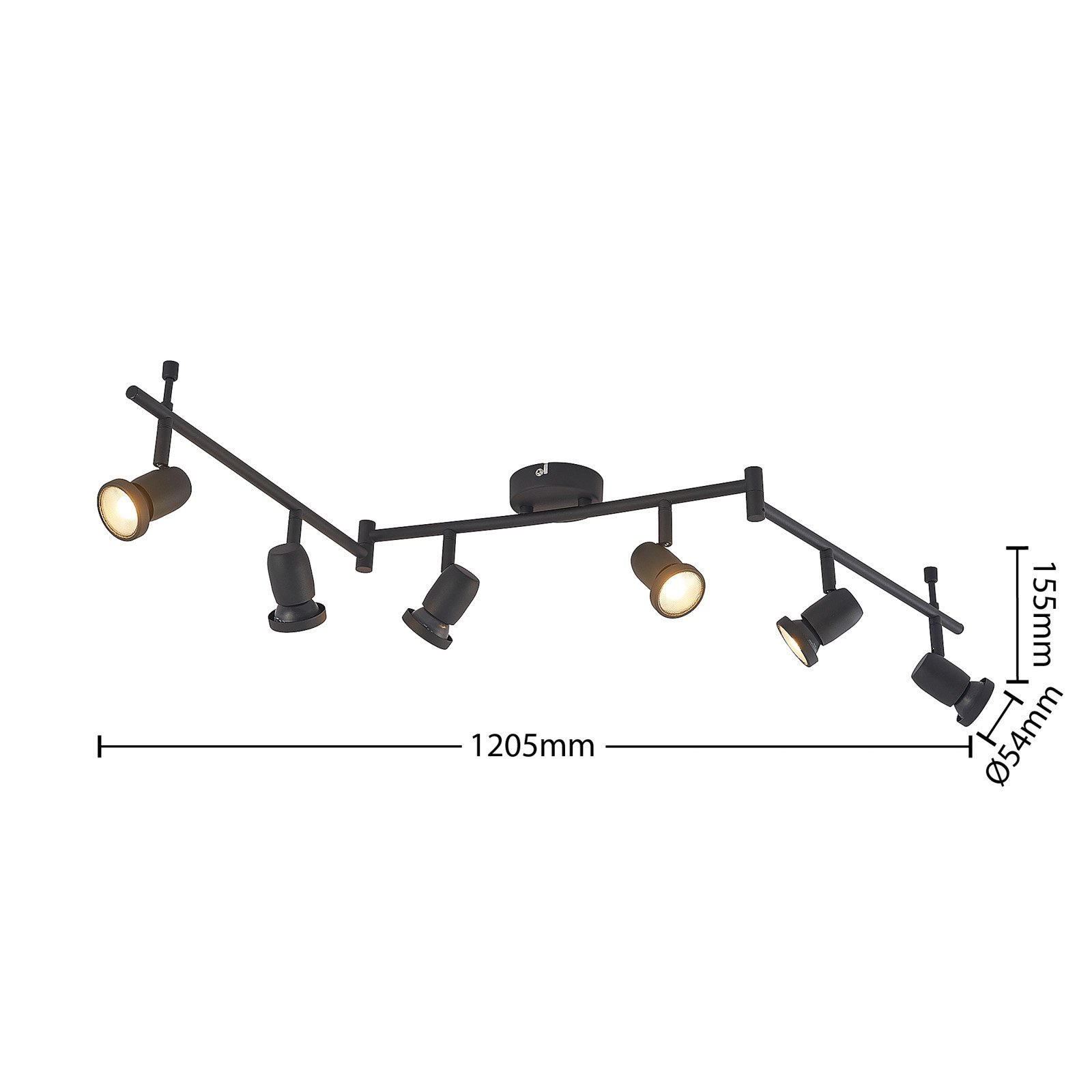 ELC Simano downlight de techo, negro, 6 luces, hierro, 120,5 cm