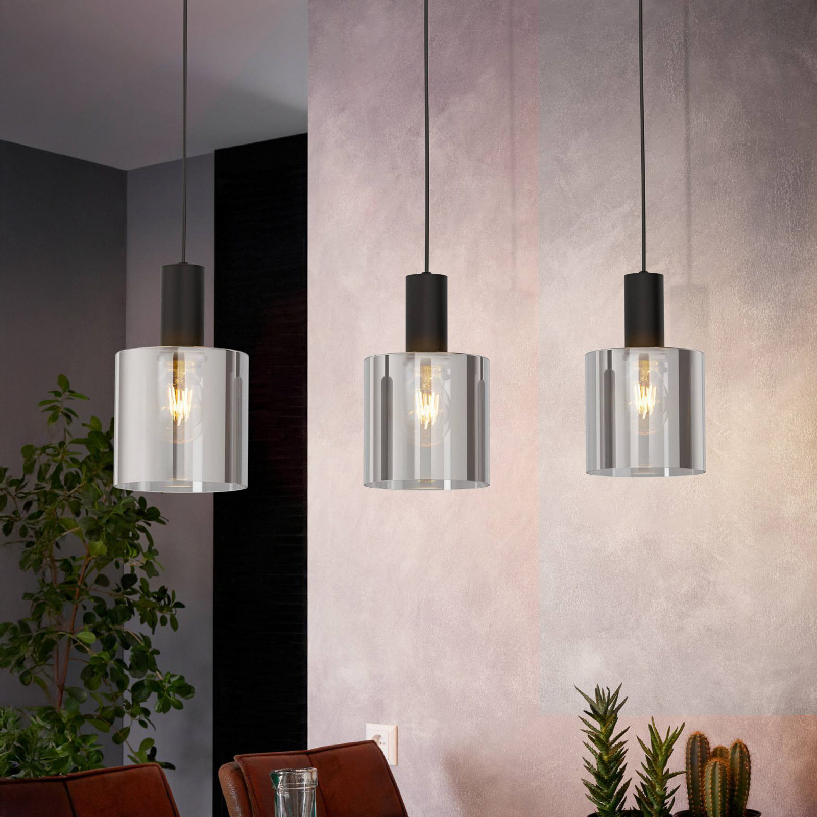 EGLO Lampă suspendată Gorosiba negru lungime 85 cm oțel/glass 3 becuri - Camera de zi / sufragerie - negru negru-transparent - Sticlă