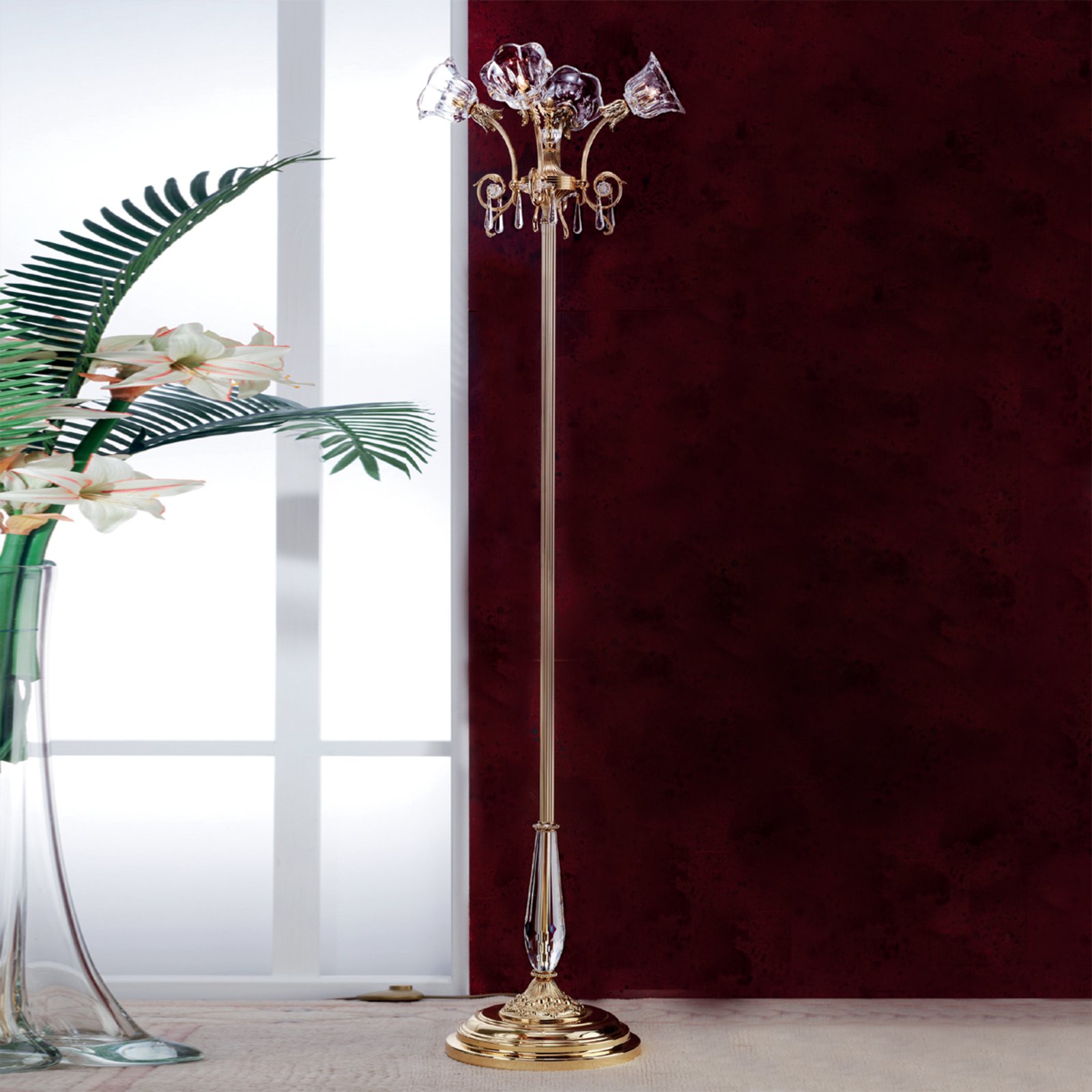 Orion Kaisa Floor Lamp with Charm, for Living / Dining Room, Solid brass, crystal glass, G9, 25 W, energy efficiency: D, H: 180 cm