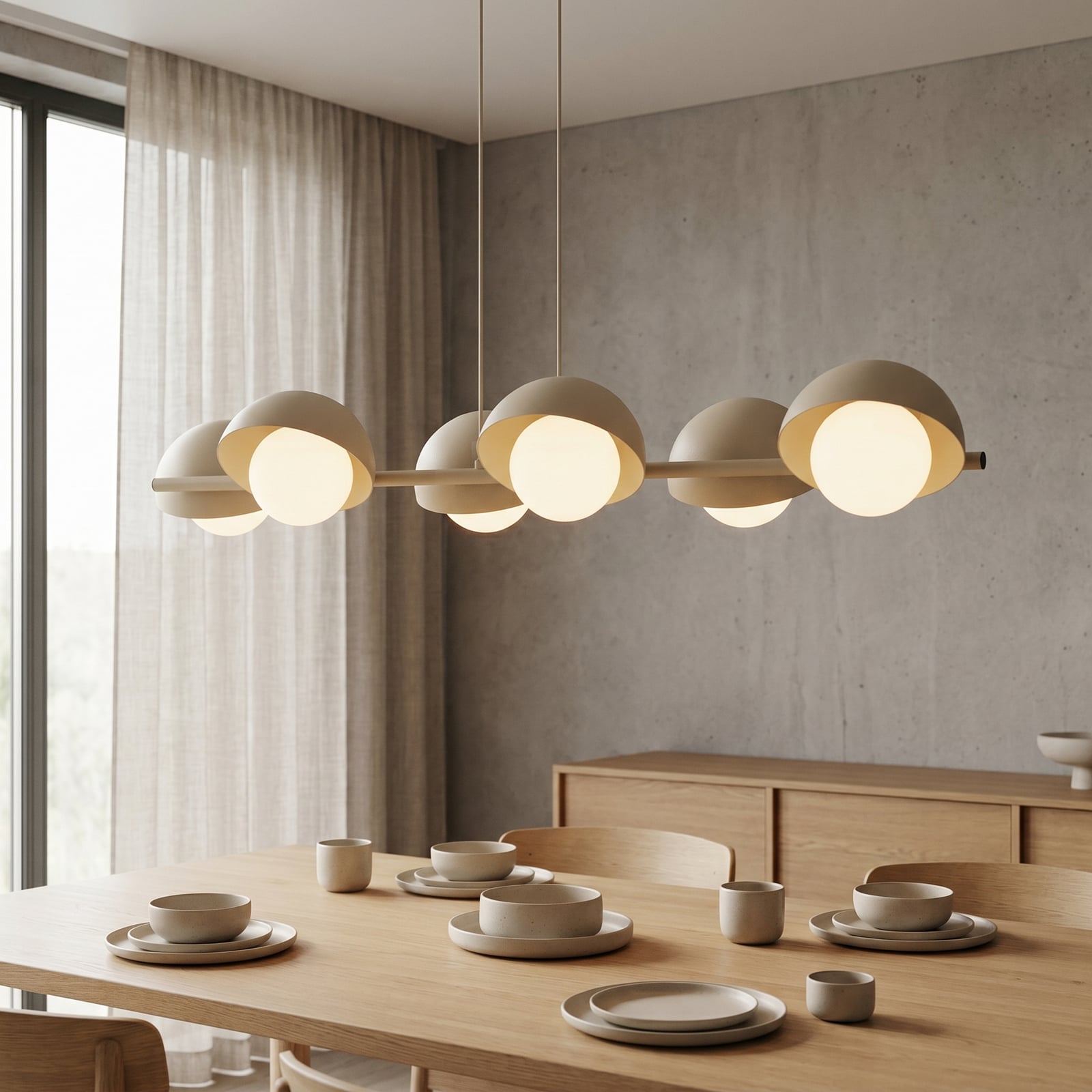 BOOM pendant light, beige, length 88 cm, 6-bulb, metal/glass