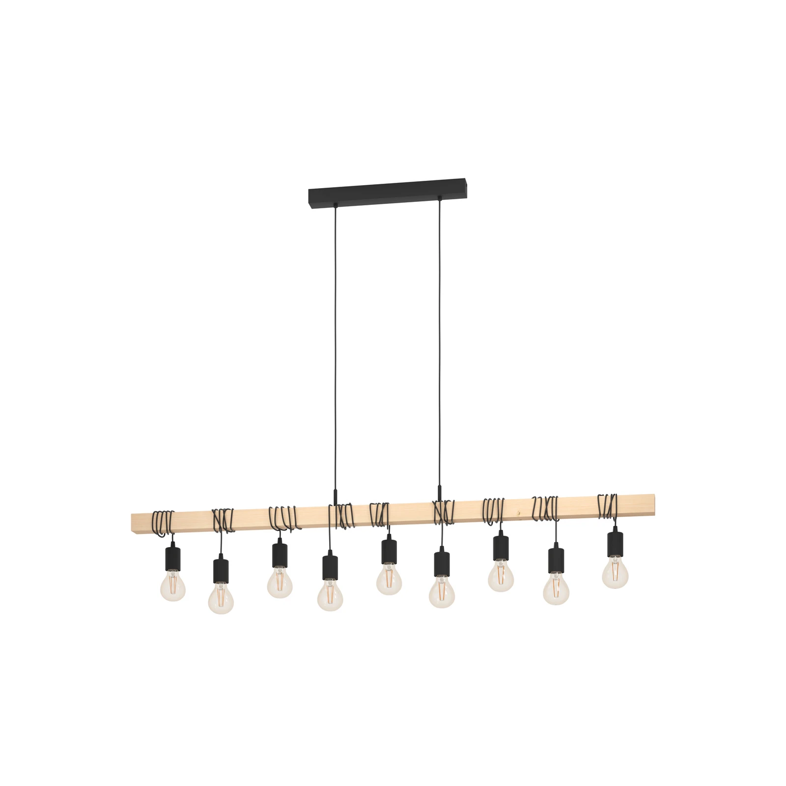Suspension Townshend, longueur 150 cm, noir/bois, à 9 lampes.