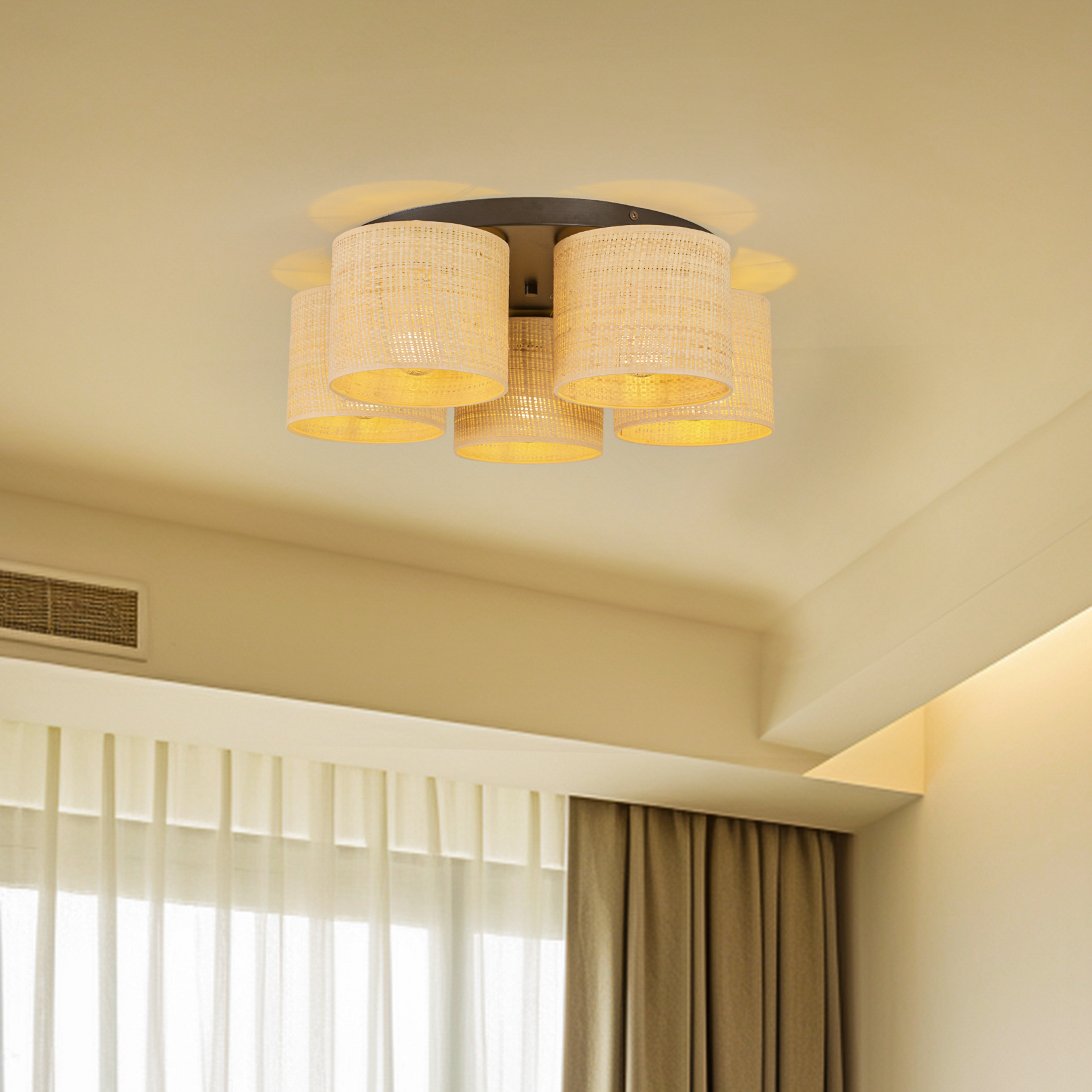 Deckenleuchte Jovin mit fünf Rattanschirmen