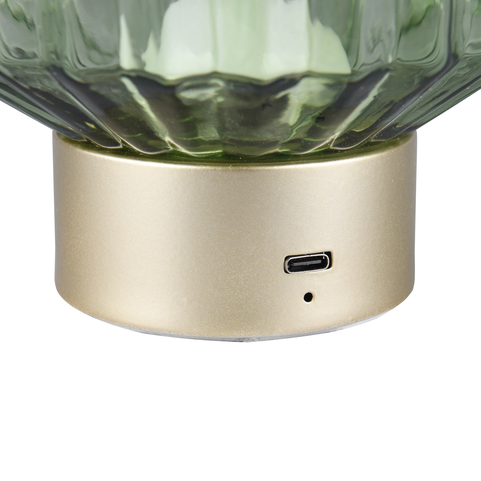 Lord lámpara de mesa LED recargable, latón/verde, altura 19,5 cm, cristal