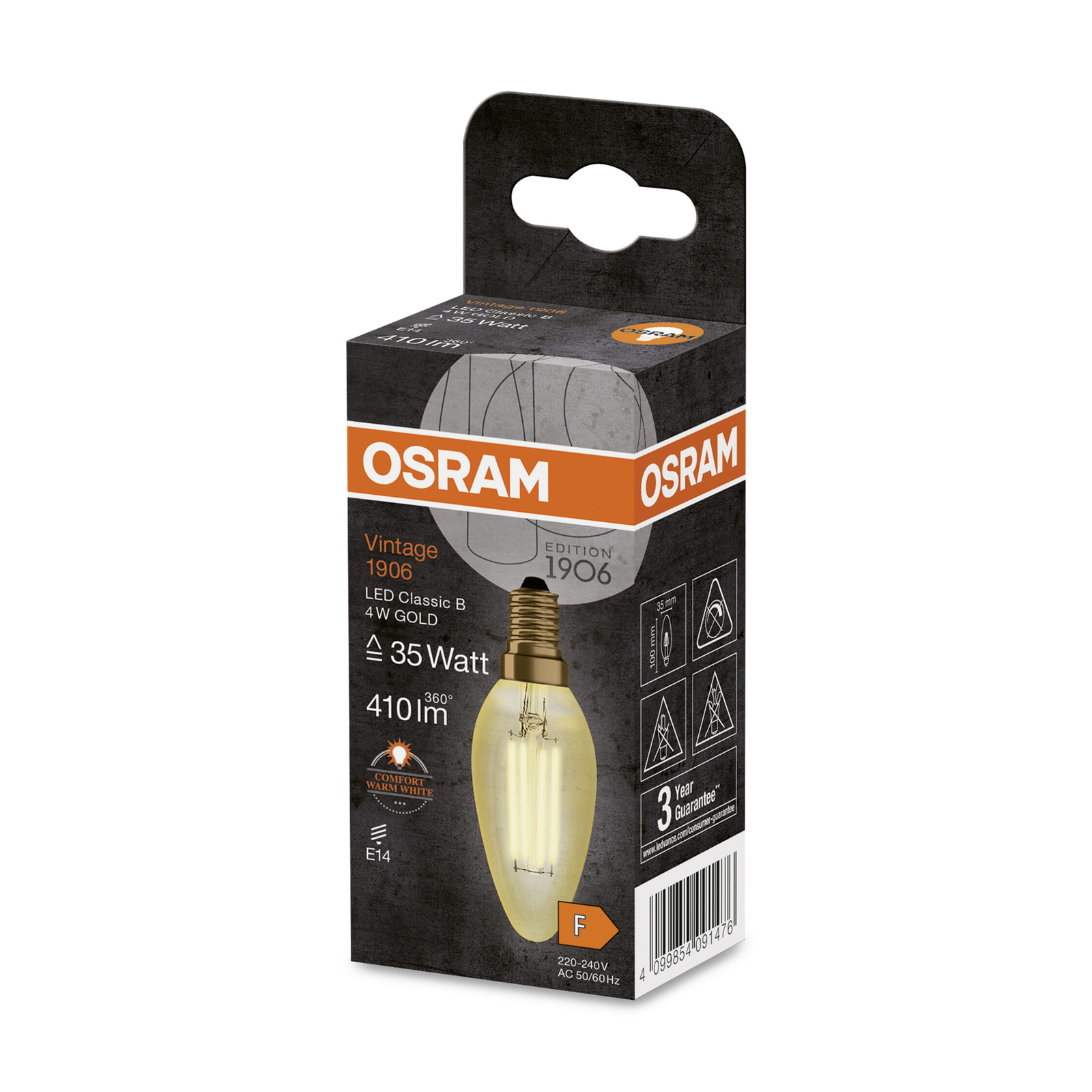 OSRAM bombilla vela con filamento LED Vintage 1906, E14 4W 824 oro