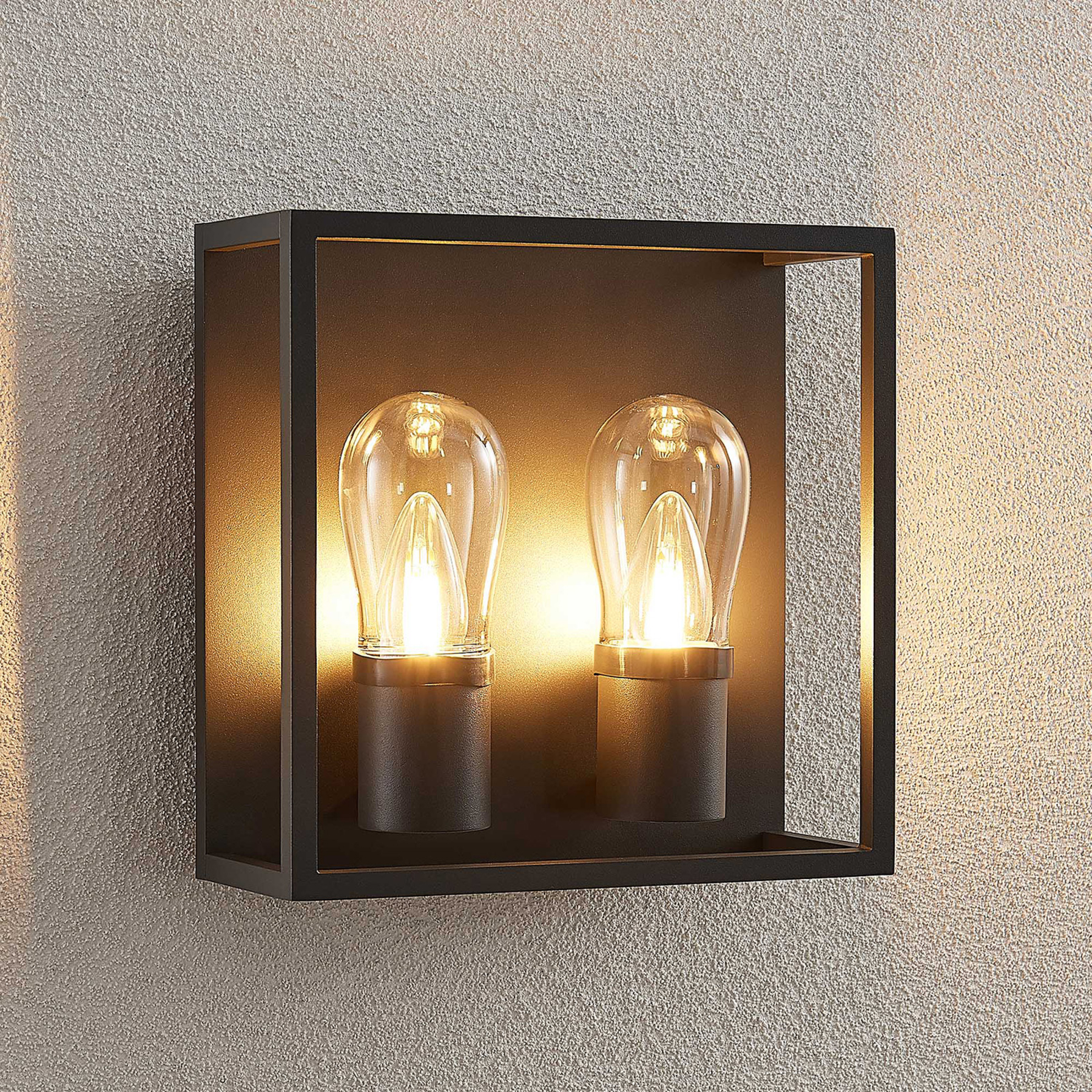 Lucande Irmgart outdoor wall light, two-bulb, die-cast aluminium, glass, E14, 5.5 W, energy efficiency: A++, W: 25 cm, H: 25 cm