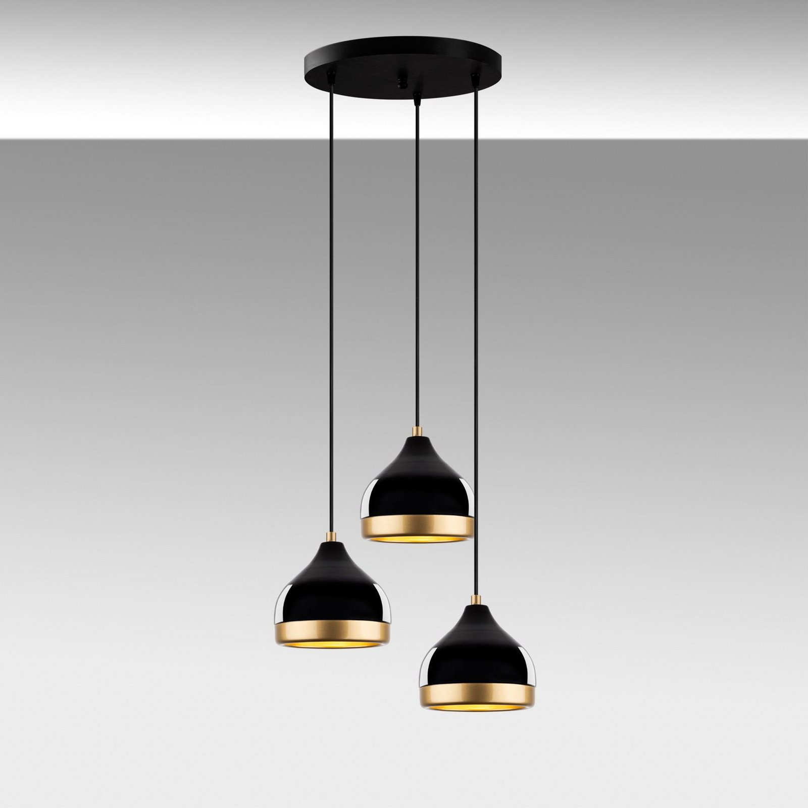 Yildo pendant light, 3-bulb, black/gold, round, Ø37 cm
