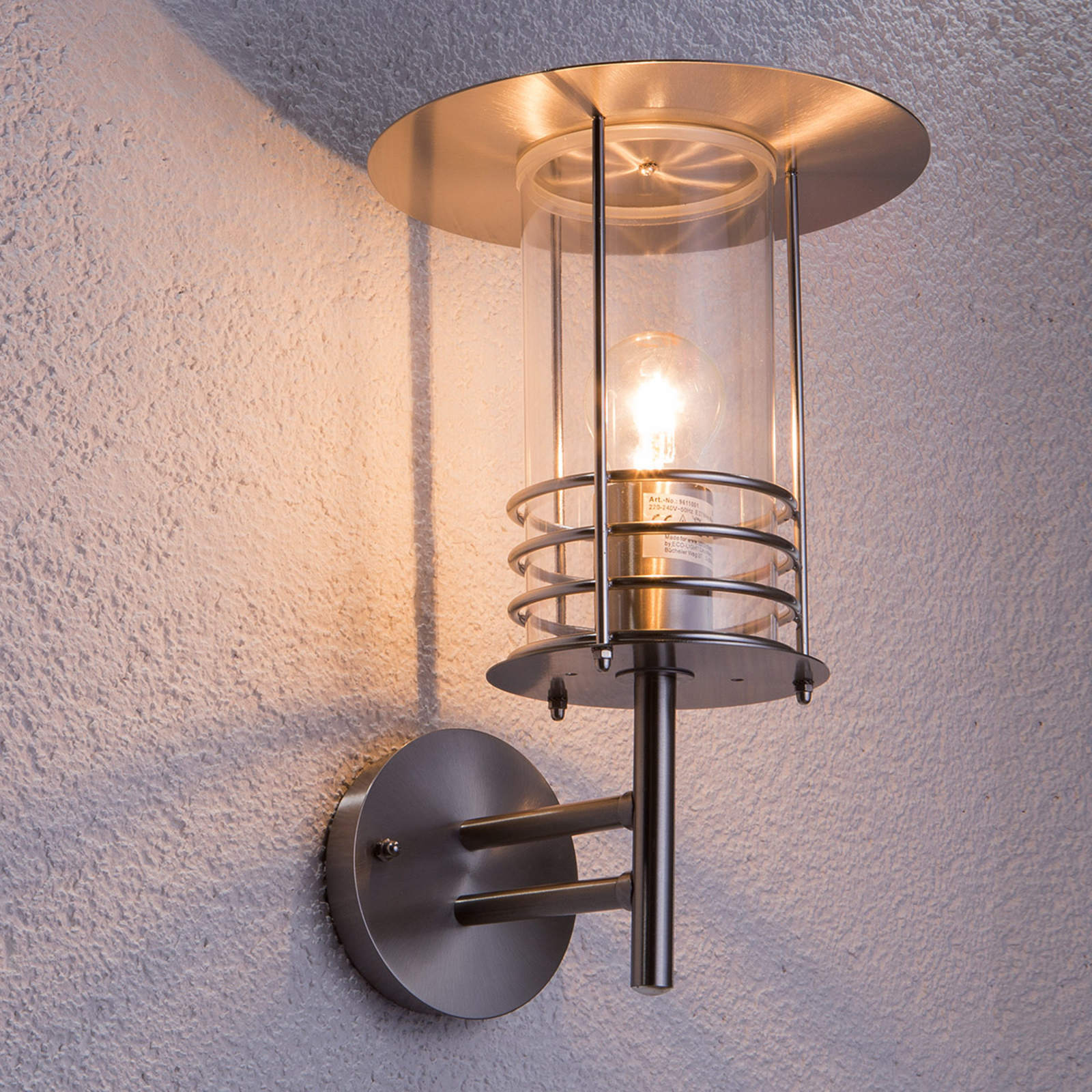 Lindby Stainless steel outdoor wall lamp Miko, stainless steel, polycarbonate, E27, 60 W, energy efficiency: A++, W: 22 cm, H: 34.7 cm