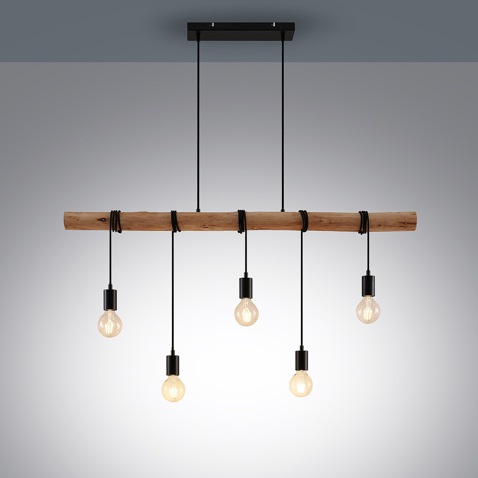 Lindby hanglamp Rom, 5-lamps, hout, touw, zwart, E27