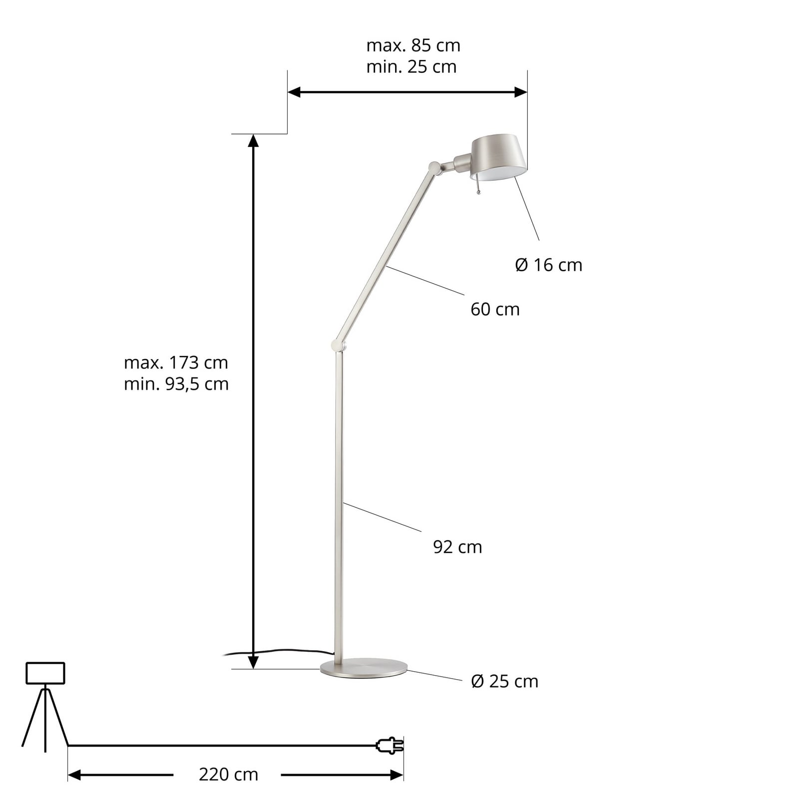 Lampe sur pied Silka, nickel satiné, réglable, 173 cm, E27 - Lucande