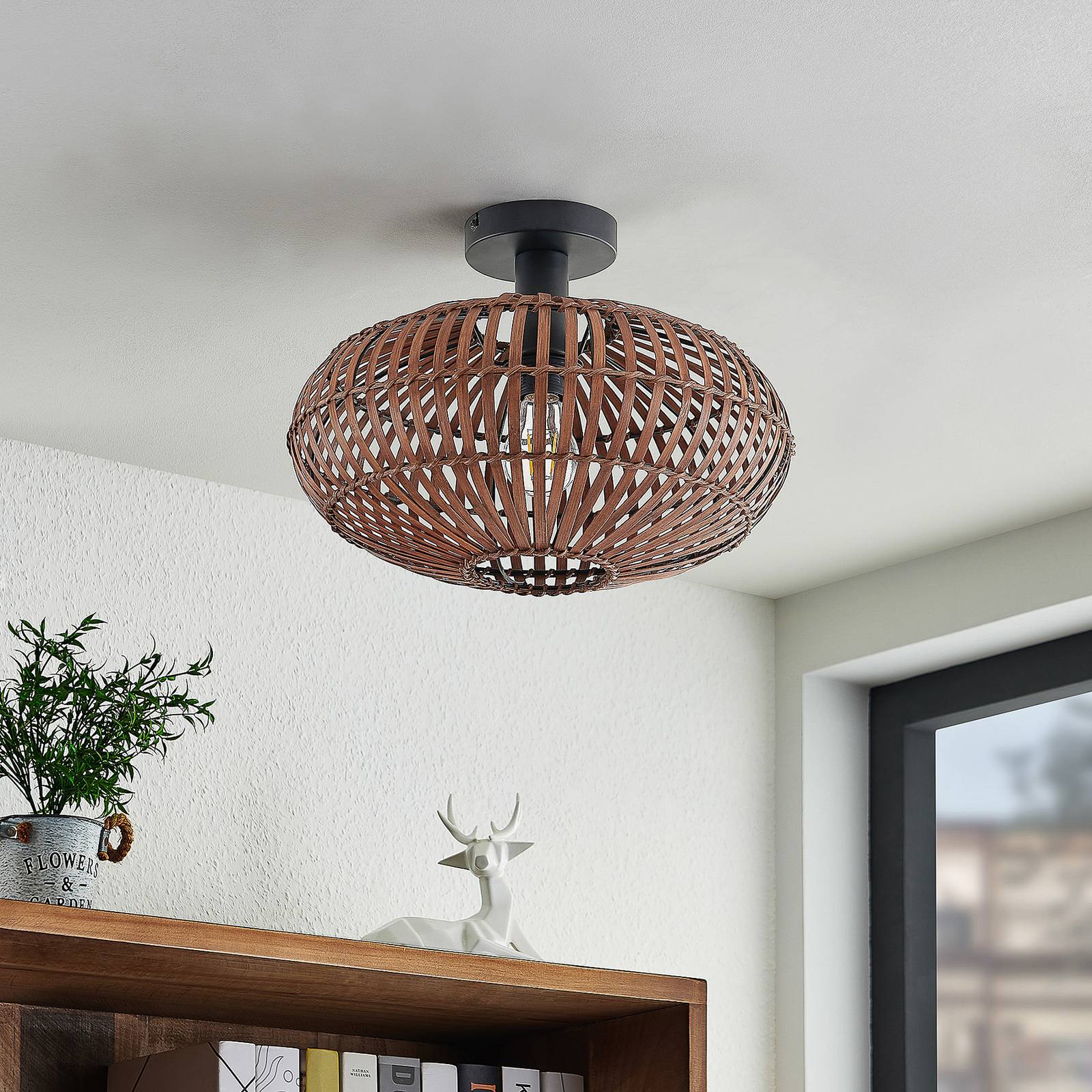 Lampa sufitowa Lindby Majeora, Ø 40 cm, brąz, bambus