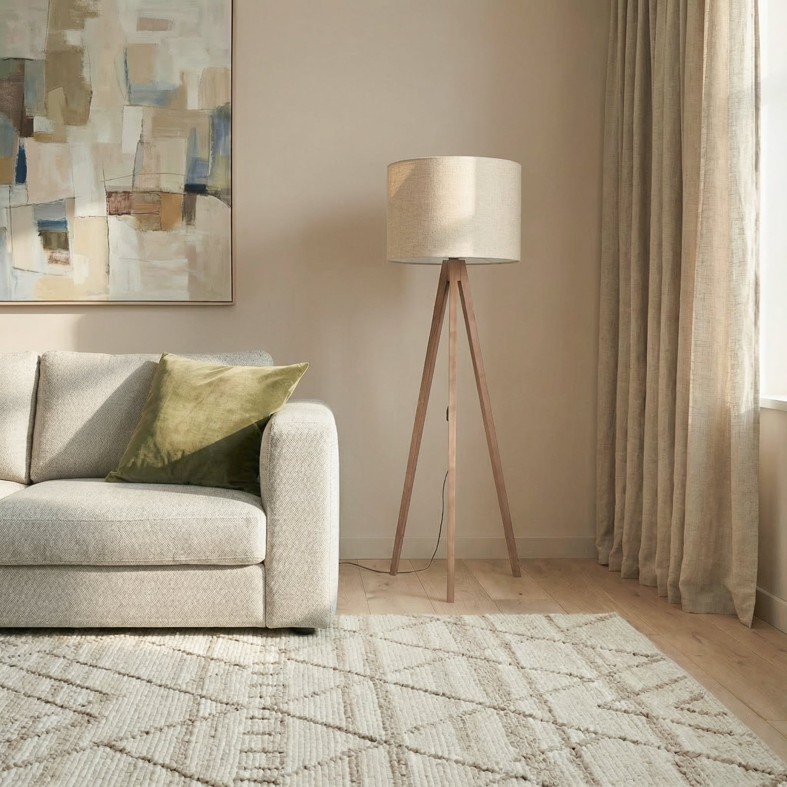 Lámpara de pie Grand, beige/nogal, altura 145 cm, E27