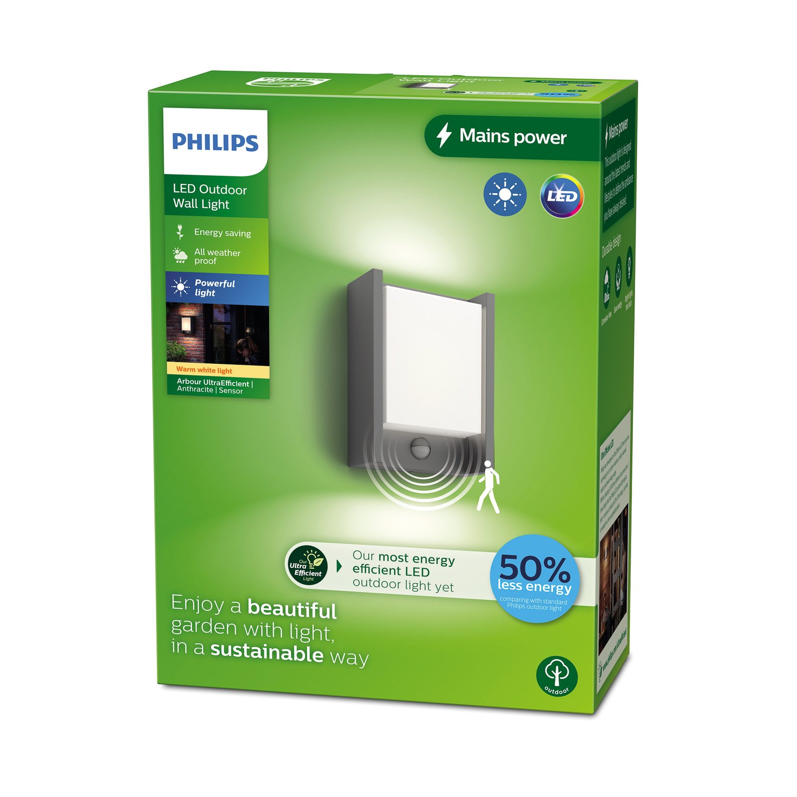Philips LED wall light Arbour UE, sensor, 2,700 K