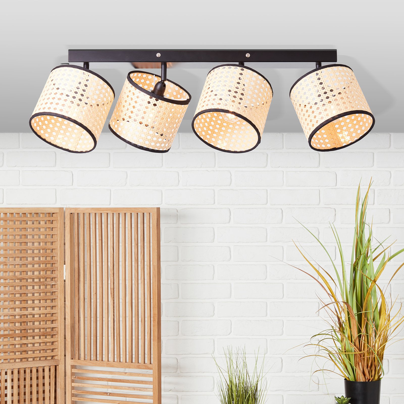 Wiley ceiling spotlight with rattan, 4-bulb