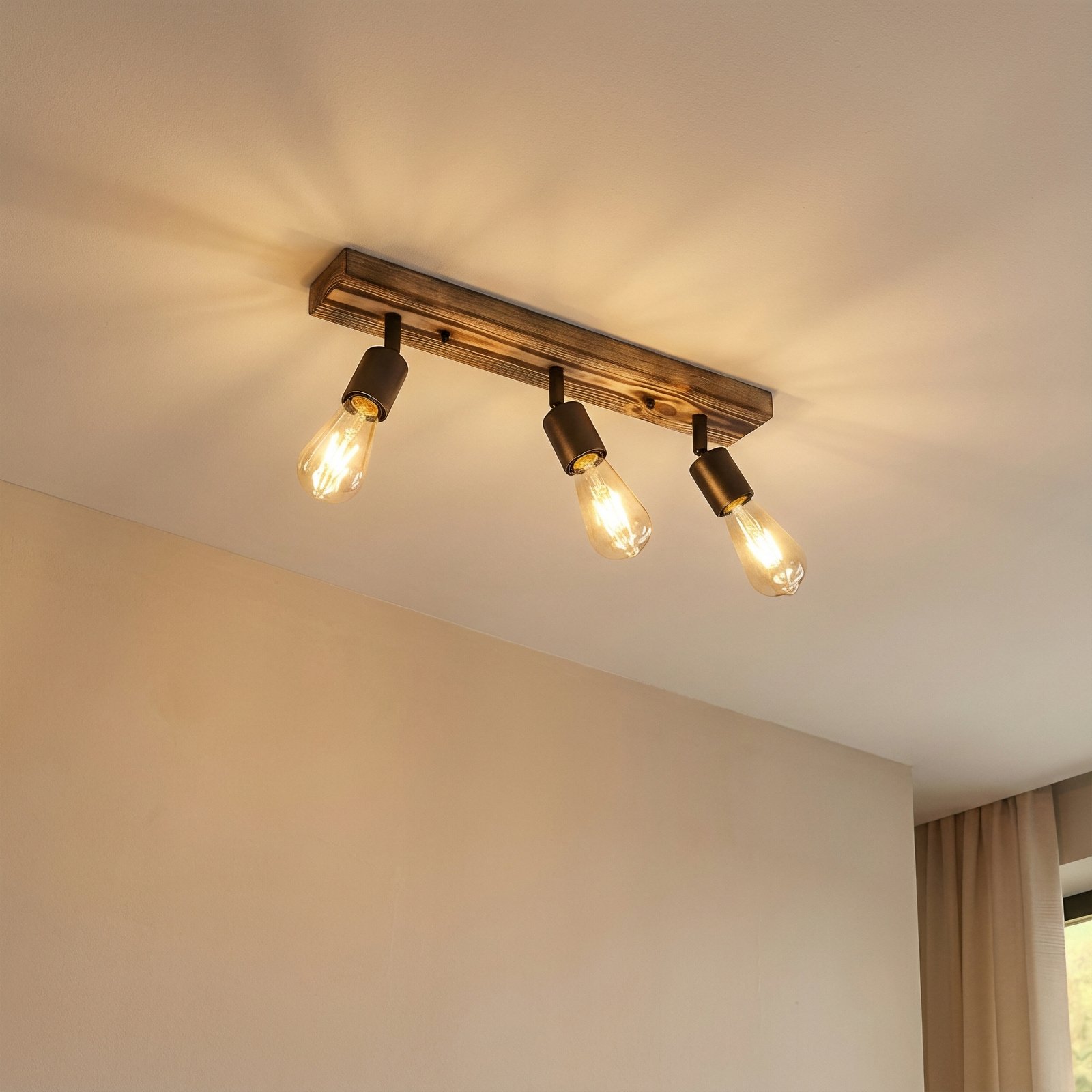 Plafondspot Duarte, 3-lamps, houtkleurig/zwart, hout