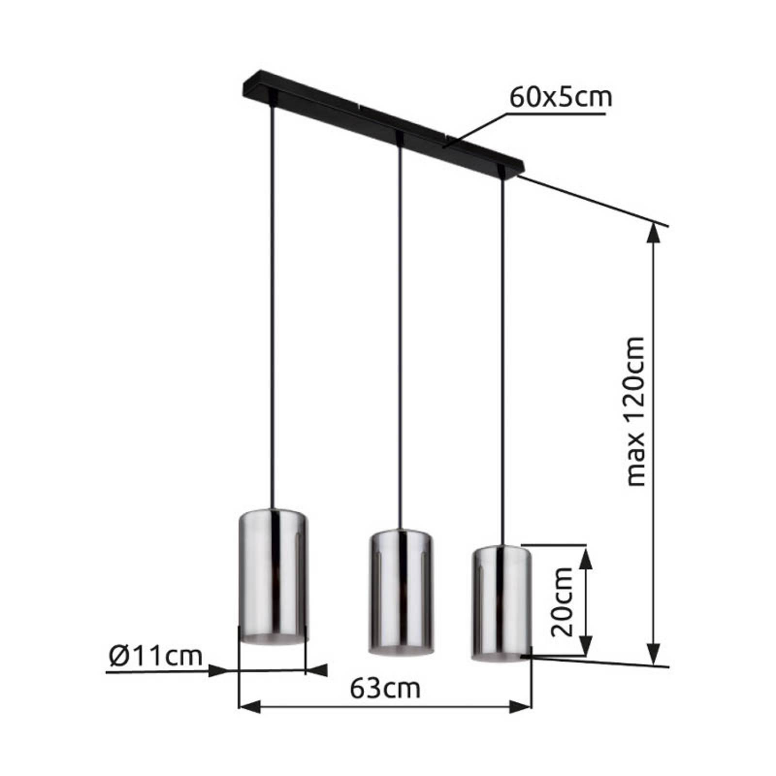 Lampa wisząca Olly, długość 63 cm, dymny szary, szkło, 3-punktowa.