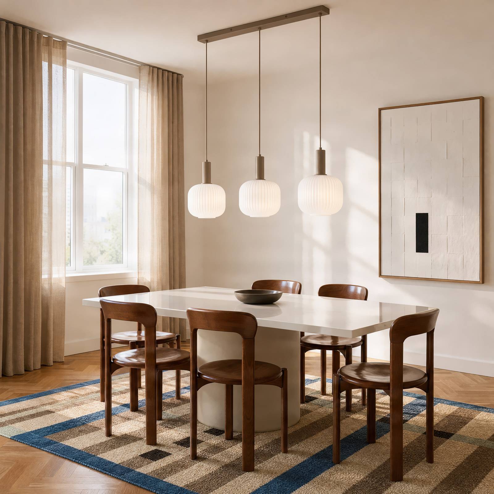 Nola hanglamp Evey, lengte 80 cm, 3-lamps, wit/beige, glas