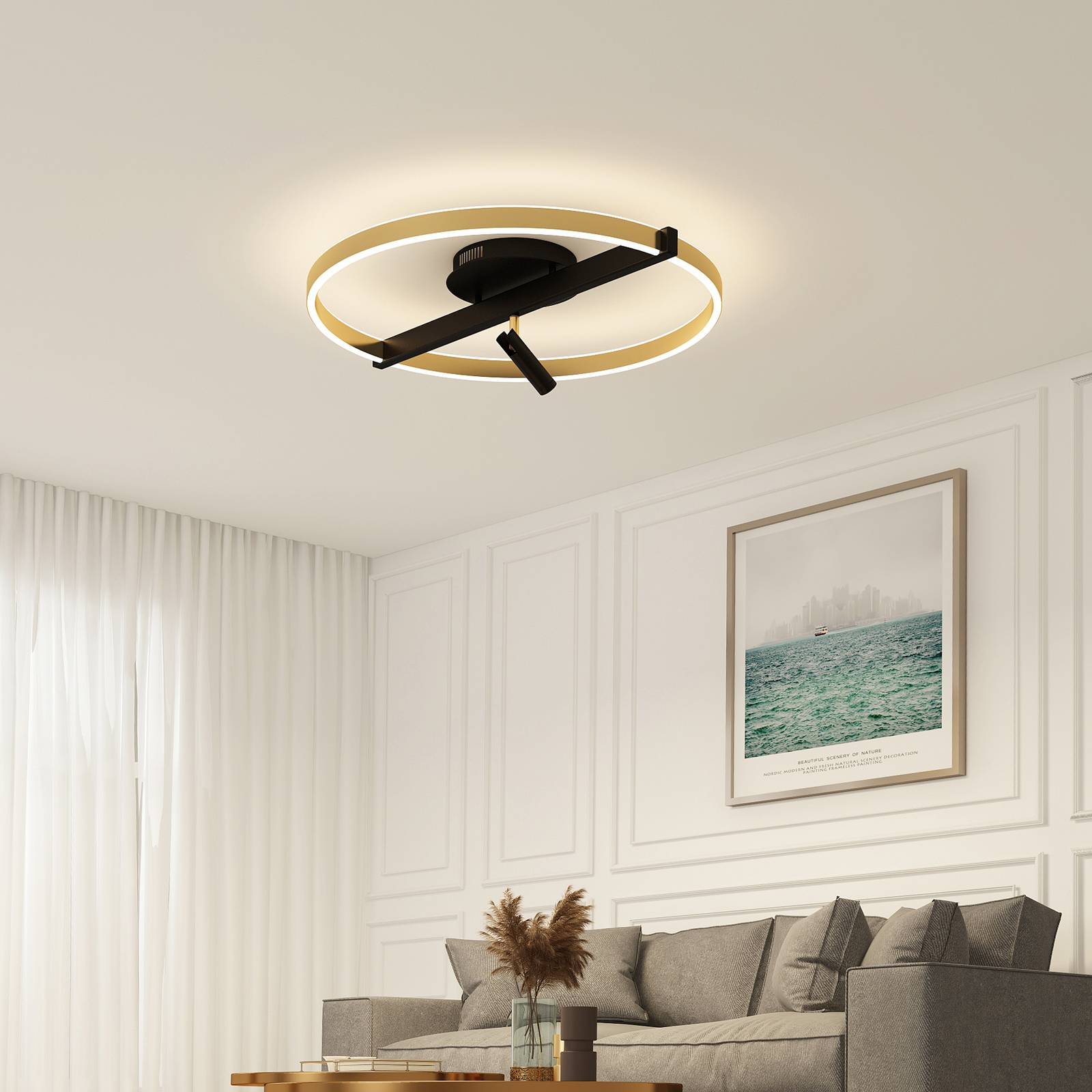 Lucande Matwei LED ceiling lamp, ring-shaped brass, for Living / Dining Room, iron, aluminium, 40 W, energy efficiency: A+, H: 23 cm